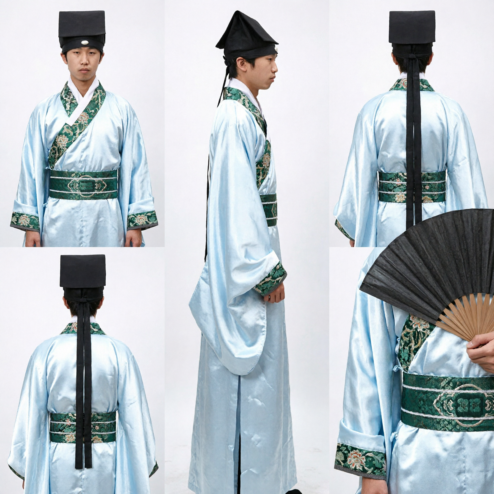 Costume Tradizionale Coreano Hanbok per Ragazzi Completo da Studioso Azzurro Chiaro con Cappello e Ventaglio per Spettacoli - Asian Costume