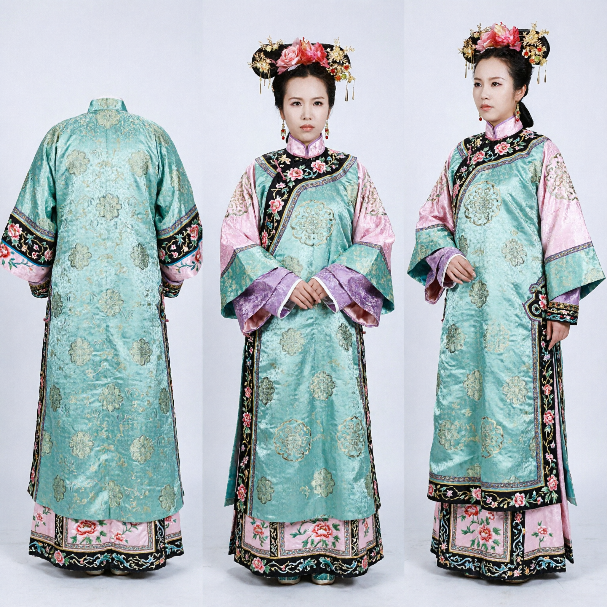 Traje de Concubina de la Dinastía Qing Tradicional China, Capa Floral Verde Azulada con Tocado para Fotografía Histórica de Mujeres - Asian Costume