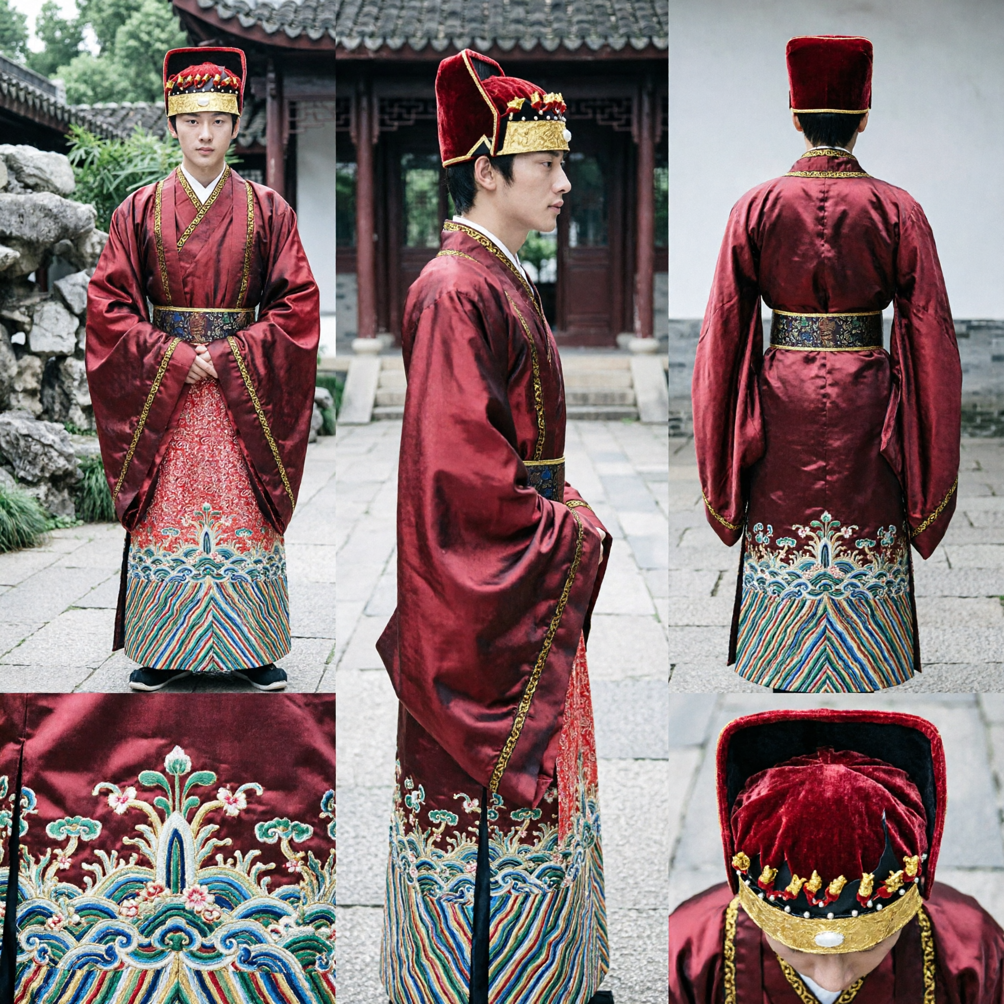 Men's Traditional Chinese Hanfu Ancient Official Costume Red Wedding Groom Robe Complete Set with Hat - Asian Costume