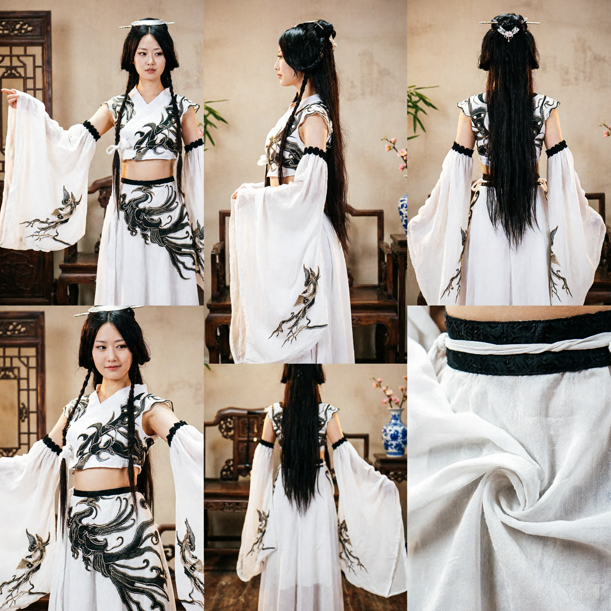 Traje Antigo Chinês Hanfu Elegante Branco com Bordado Preto para Mulheres em Cosplay e Performance no Palco - Asian Costume
