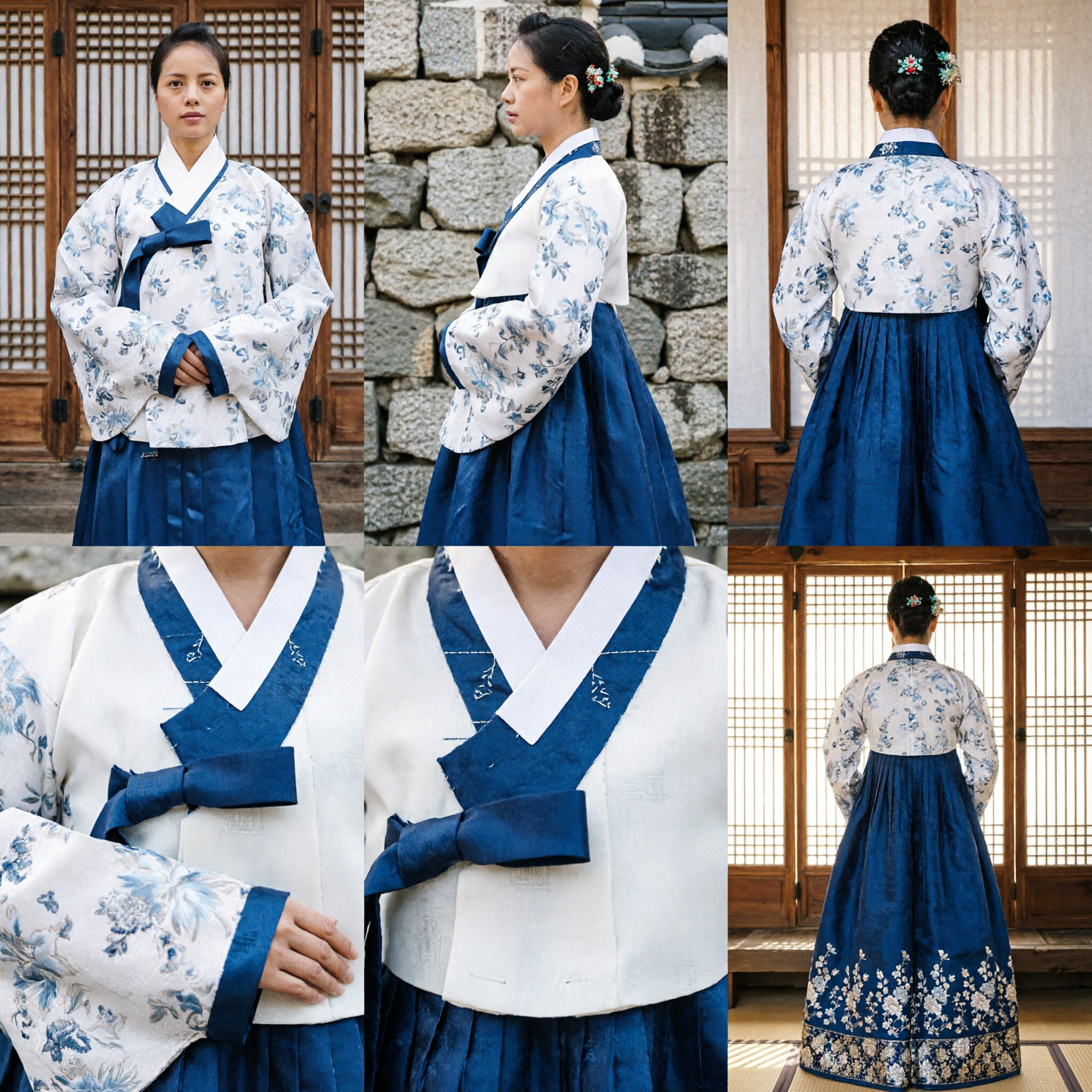 Costume Hanbok traditionnel coréen ancien pour femmes avec Jeogori floral bleu et jupe Chima bleu foncé - Asian Costume