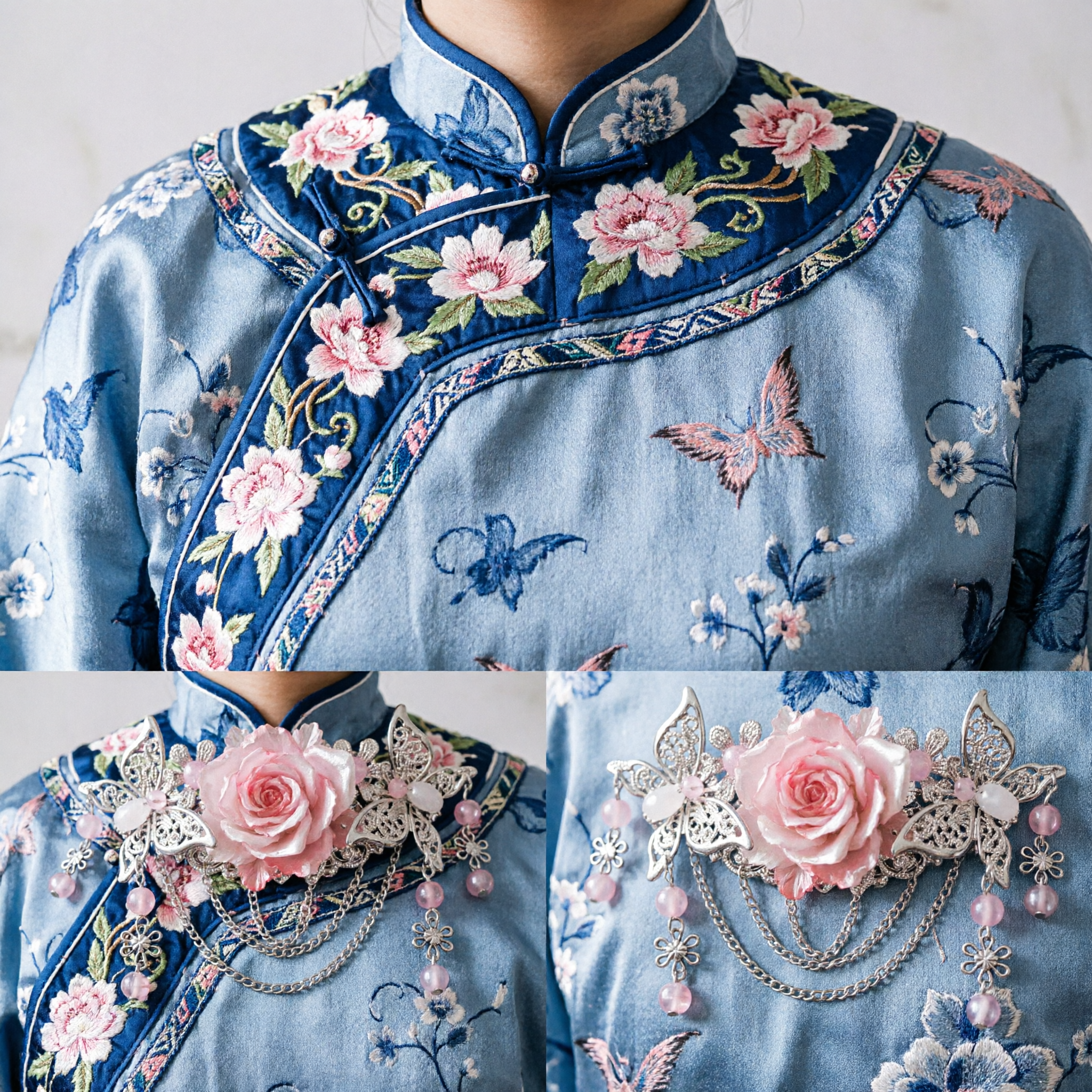 Traditionelle chinesische Hanfu-Haarnadel, Rosa Rosen-Schmetterling Silbermetall-Haarclip, Hochzeits-Cosplay-Accessoire für Frauen - Asian Costume