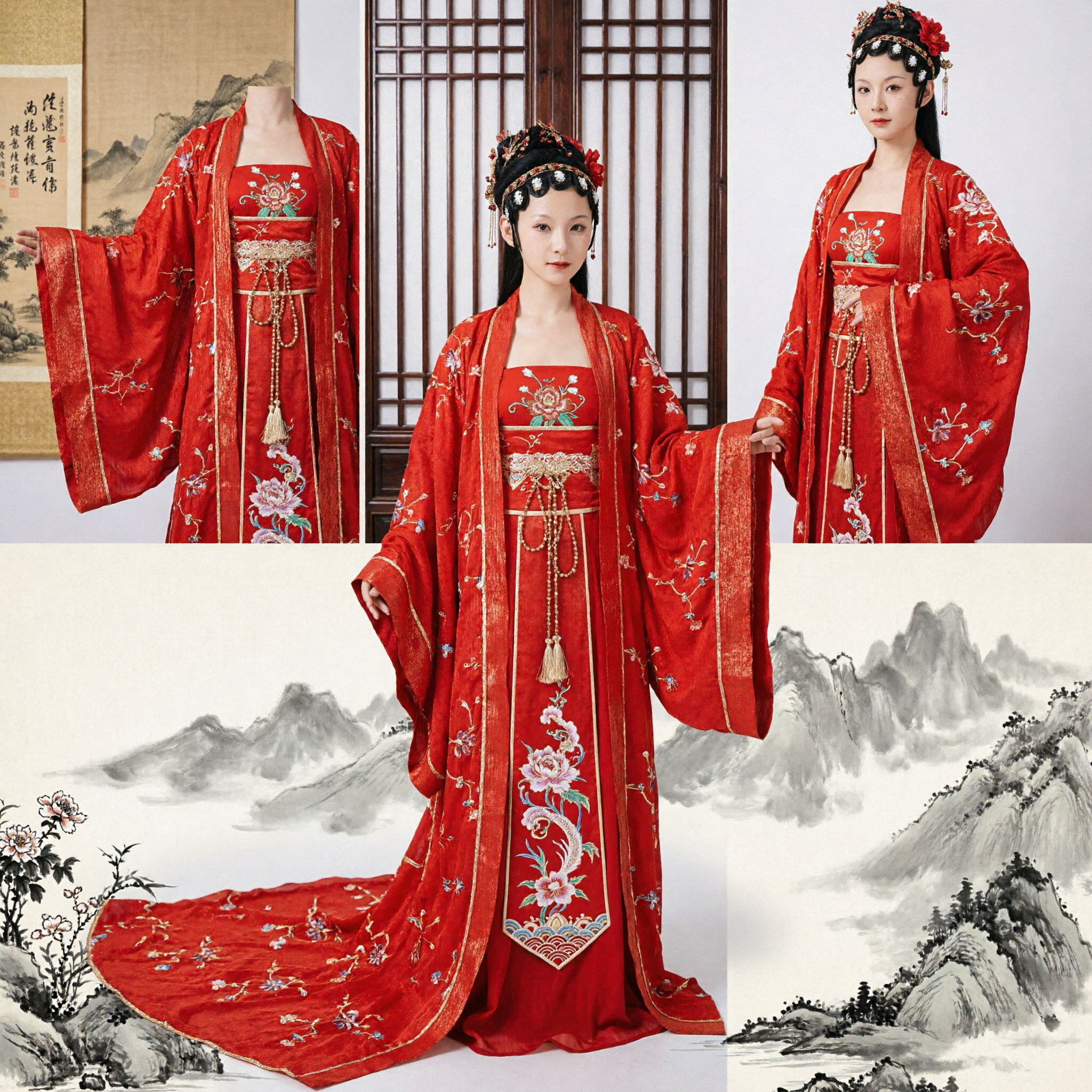 Elegante Abito da Sposa Hanfu Tradizionale Cinese Rosso Costume Antico della Dinastia Tang con Ricamo per Donne - Asian Costume