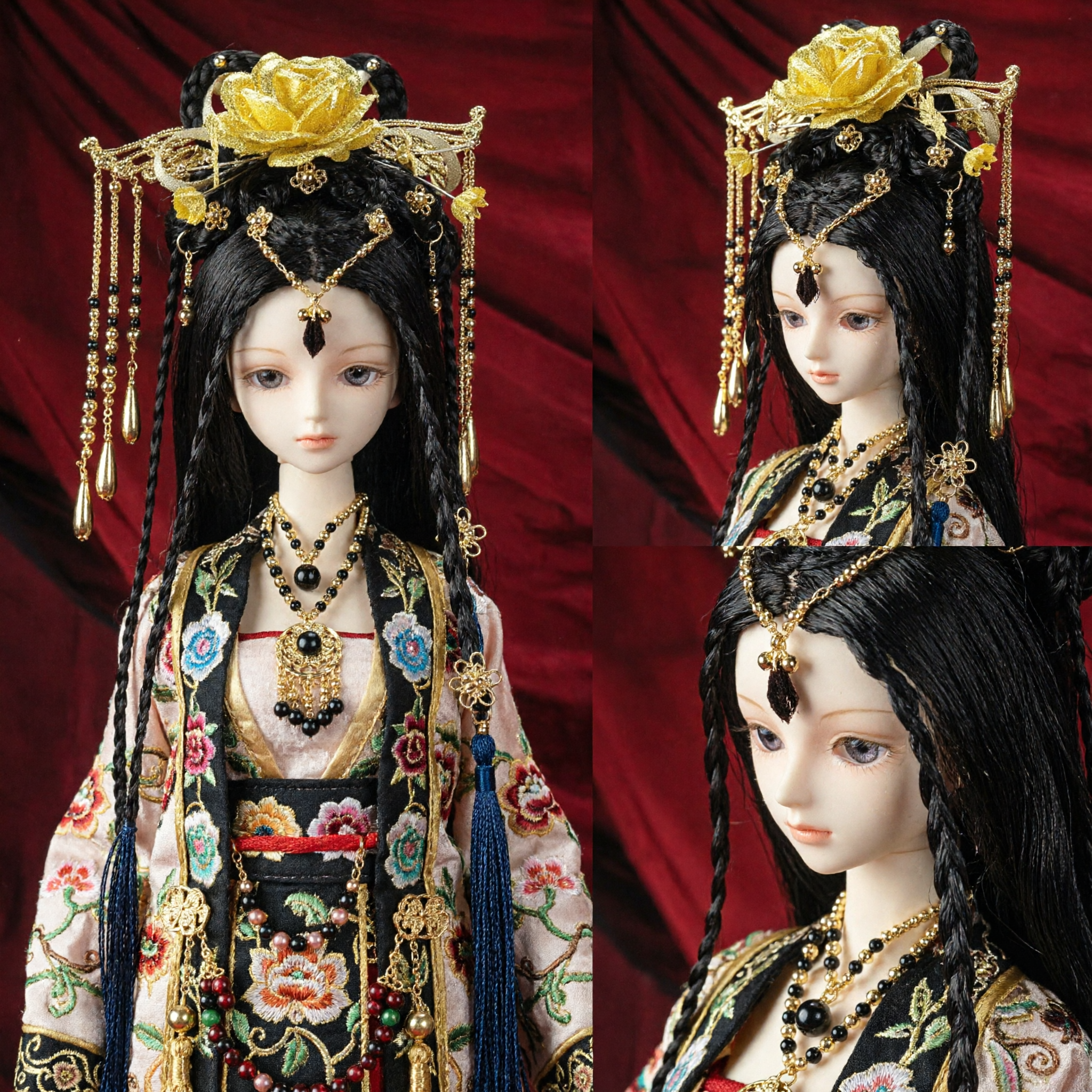 مجموعة إكسسوارات شعر هانفو صينية تقليدية - دبوس شعر ذهبي مزهر مع خرز متدلي - لدمى BJD والكوزبلاي - Asian Costume