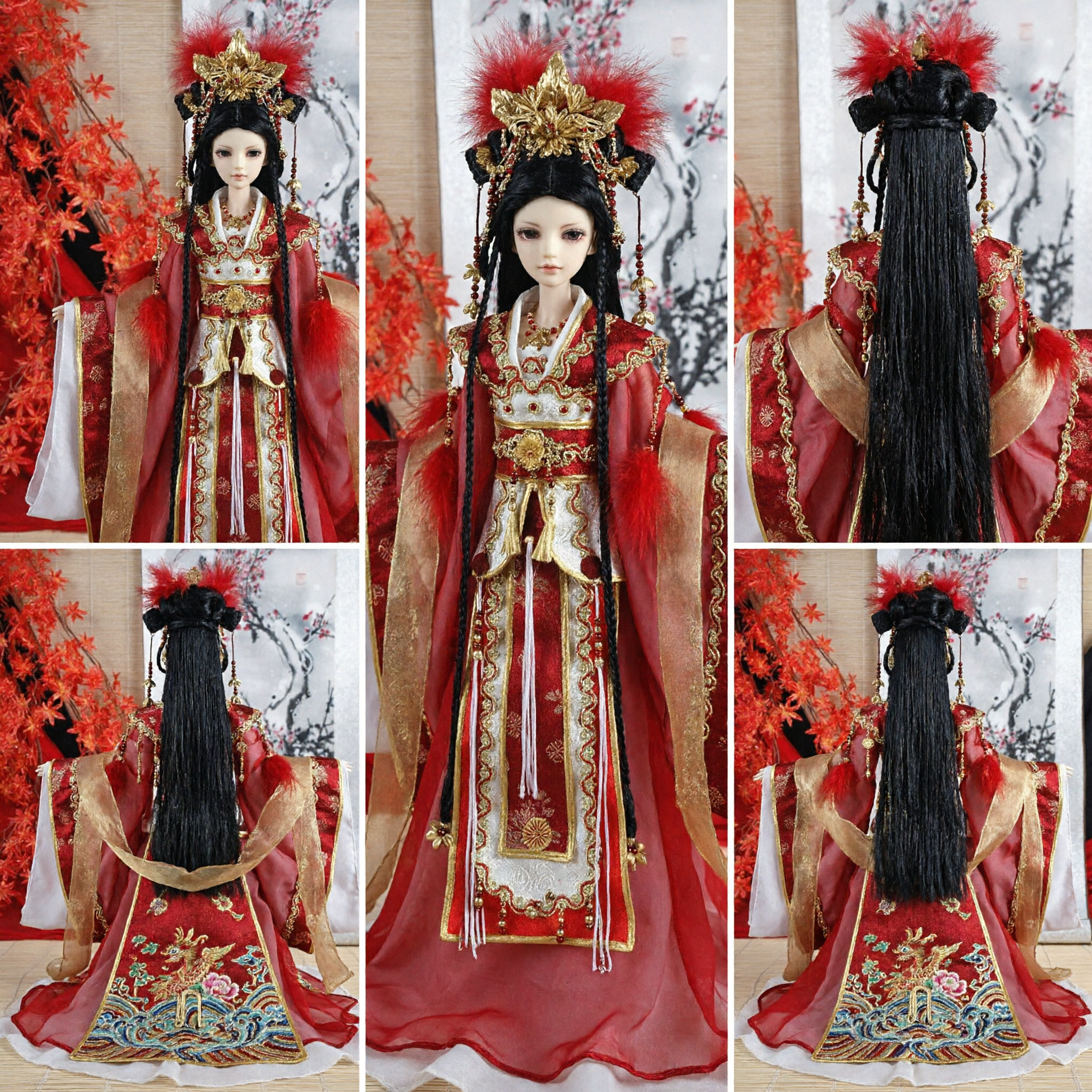 فستان زفاف هانفو لدمية BJD - زي قديم أحمر صيني تقليدي مع تاج العنقاء والتطريز الذهبي - Asian Costume