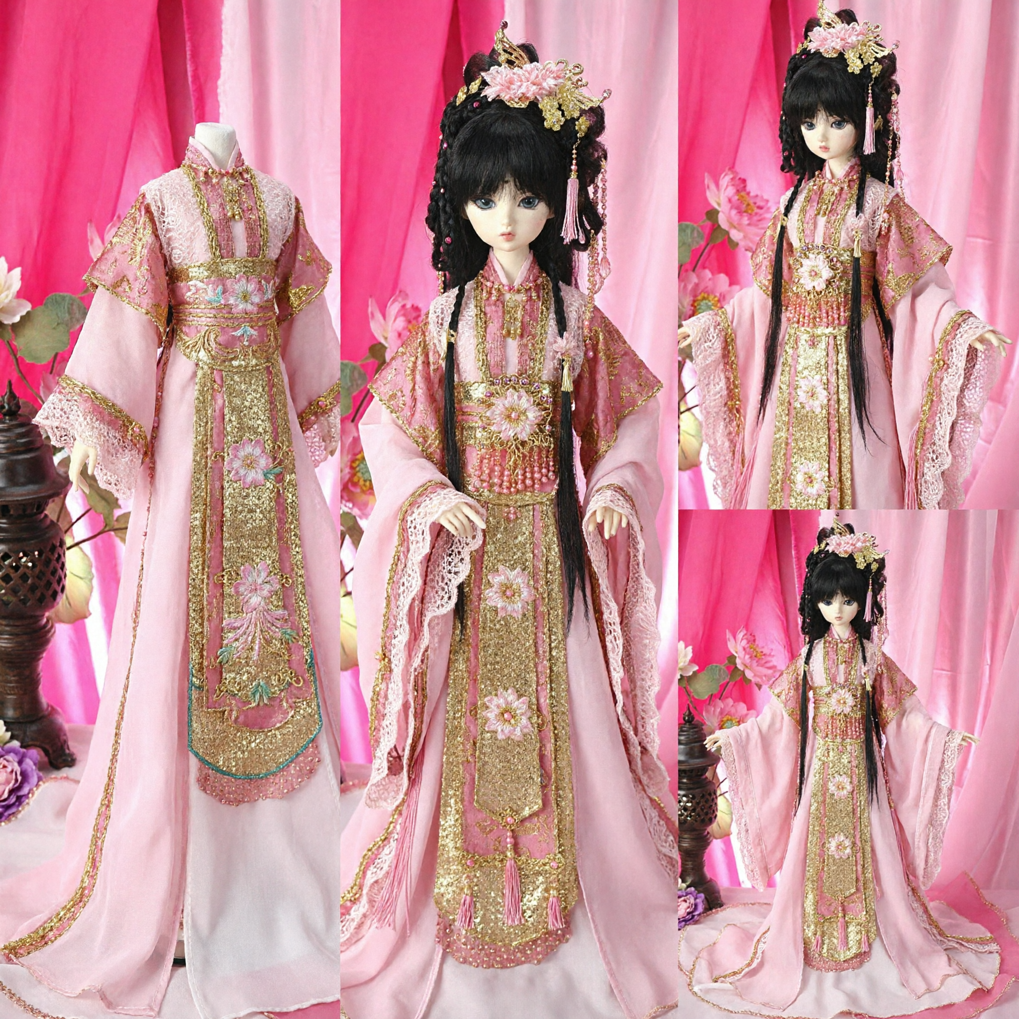 Tradycyjny różowy strój księżniczki Hanfu dla lalek ze złotym haftem i starożytnymi akcesoriami do włosów - Asian Costume