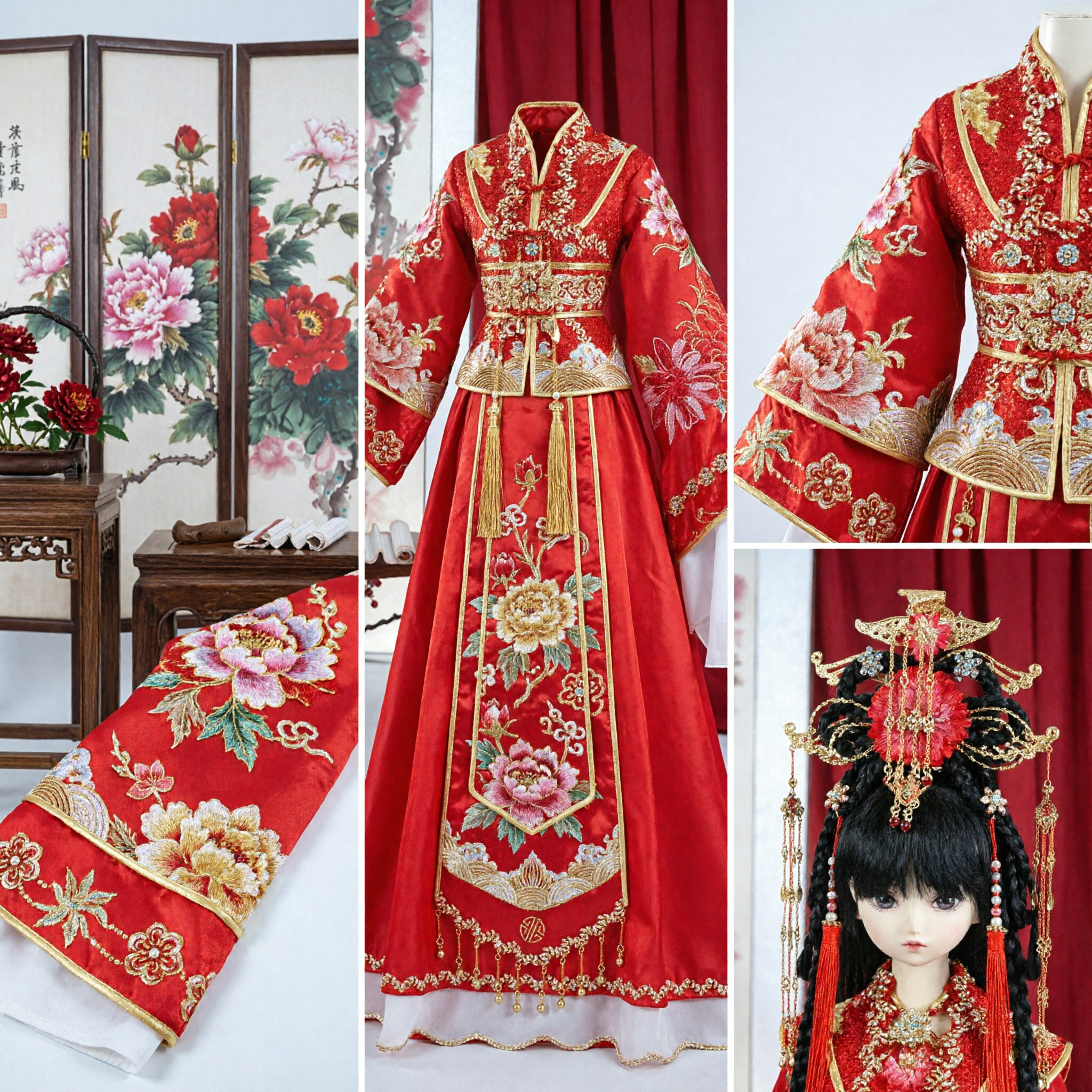 Exquisite Traditional Chinese Wedding Hanfu Dress Red Gold Embroidery Ancient Bridal Gown Set for Smart Doll - Asian Costume