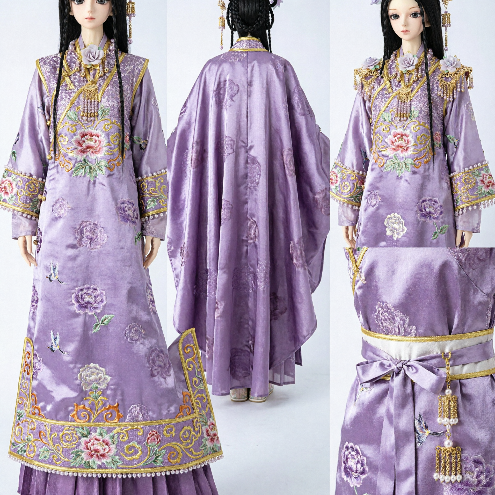 Accessoires capillaires Hanfu traditionnel chinois - Ornement de tête à plumes fleuri violet avec perles et glands - Pour perruque de poupée, style ancien - Asian Costume