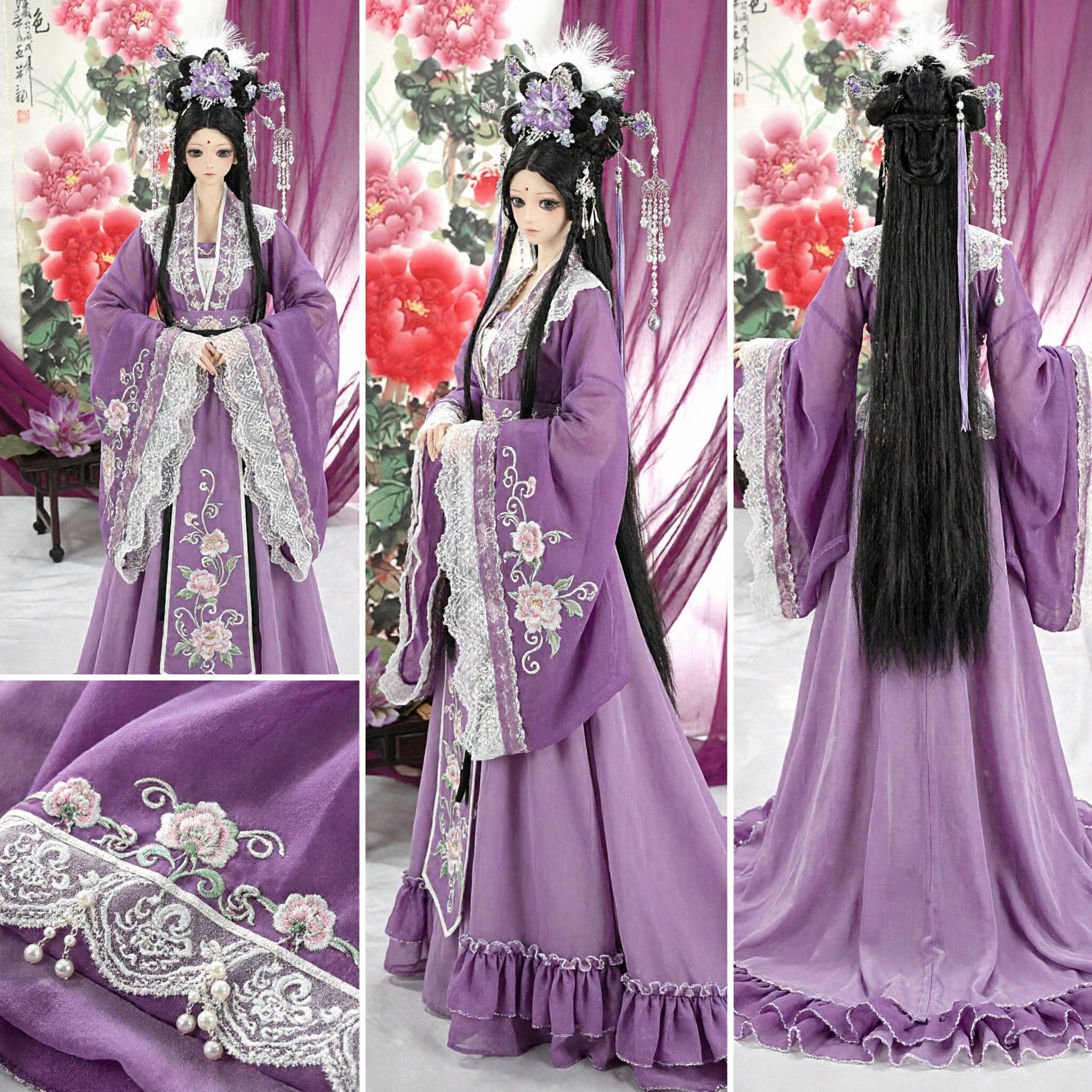 Traditionelles chinesisches lila Hanfu-Gewand und Schmuck-Hauben-Outfit für Modepuppen Antikes Prinzessinnenkostüm - Asian Costume