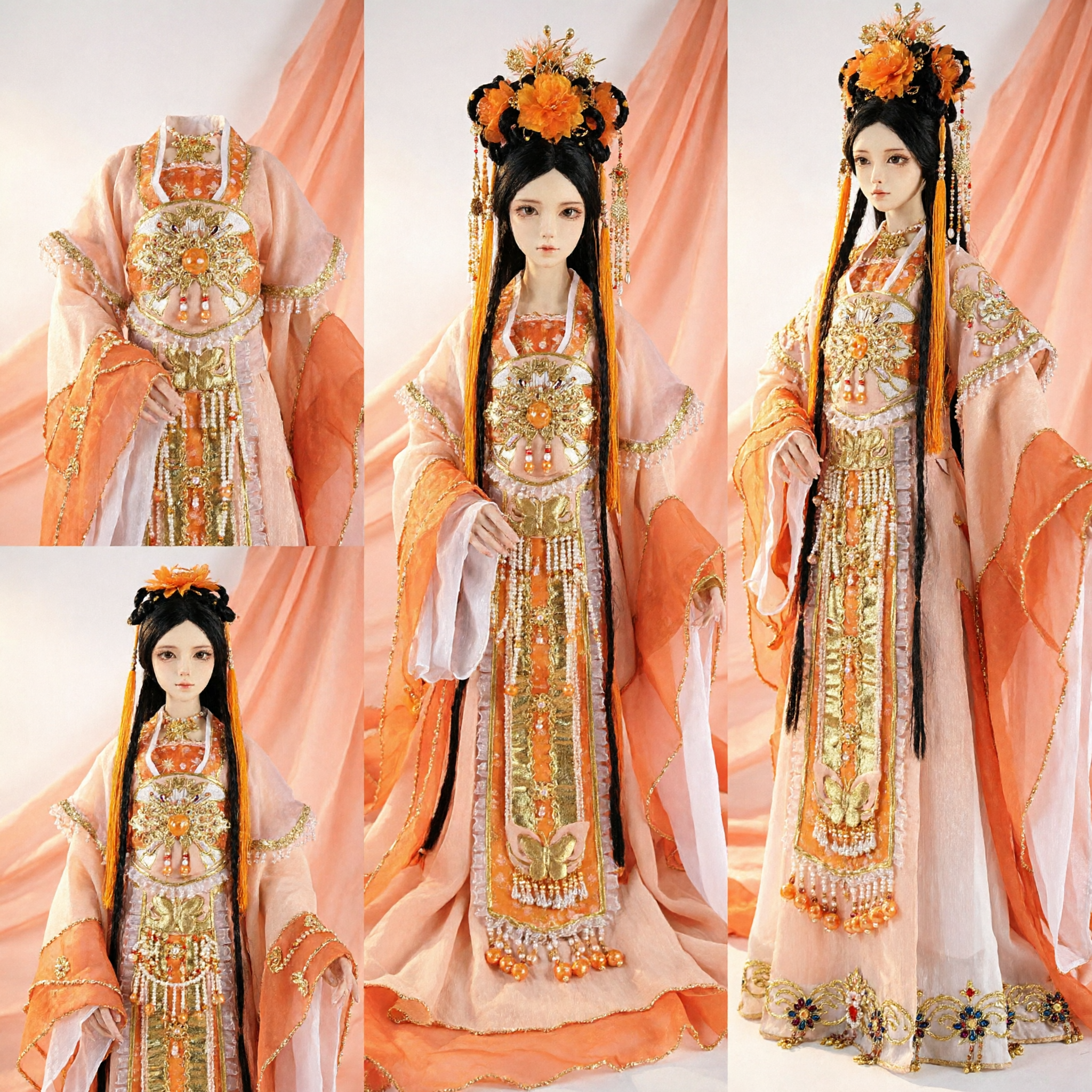 Costume da Principessa Hanfu Cinese Tradizionale Bambola Abito Antico Corte Arancione con Elaborato Copricapo per Collezionisti - Asian Costume