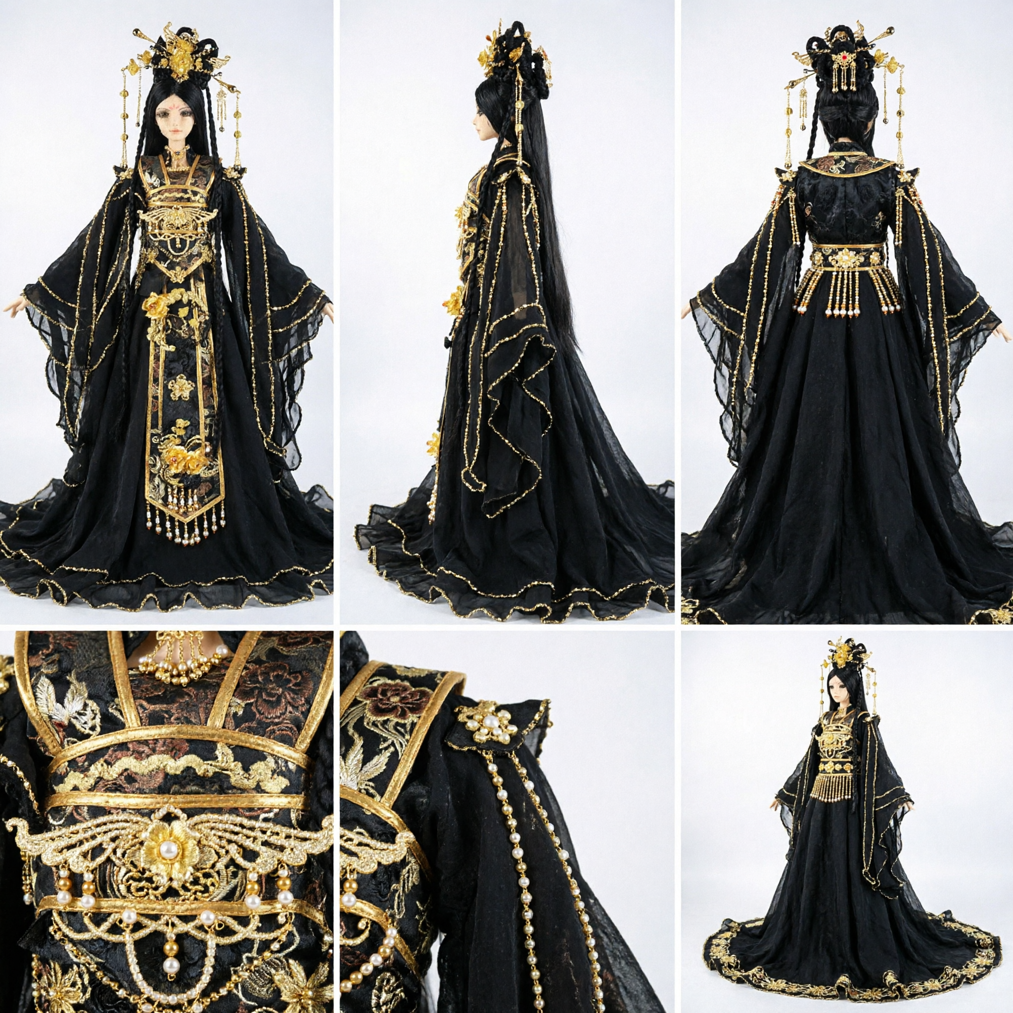 Conjunto de Traje Hanfu Majestoso Preto e Dourado da Imperatriz Chinesa Antiga para Bonecas BJD, Cosplay e Exibição Fotográfica - Asian Costume