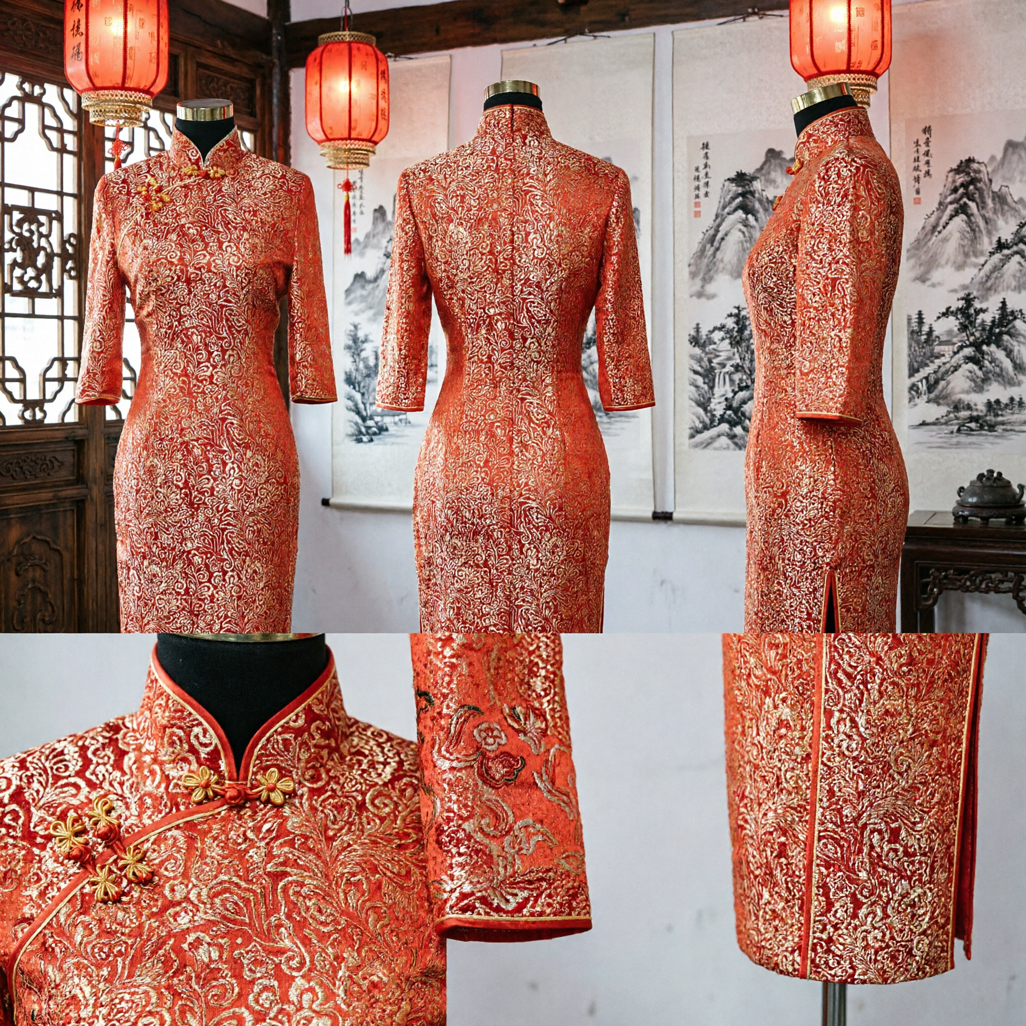 Elegant Red Chinese Qipao Cheongsam Dress Gold Brocade Traditional Long Gown for Wedding Banquet Formal Wear - Asian Costume