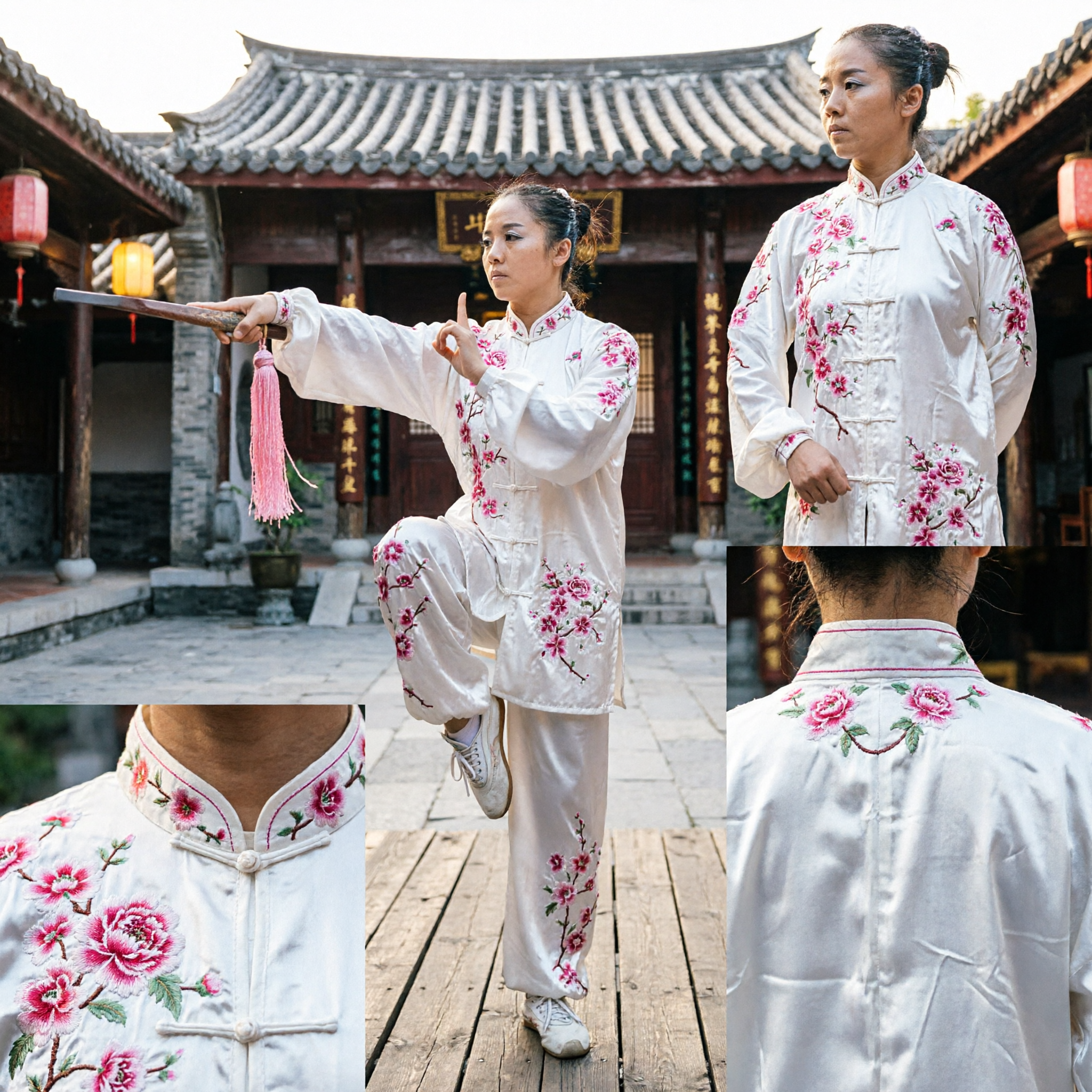 Uniforme de Tai Chi Blanco con Flores para Mujer Traje Tradicional de Wushu Kung Fu para Competencia y Presentaciones - Asian Costume