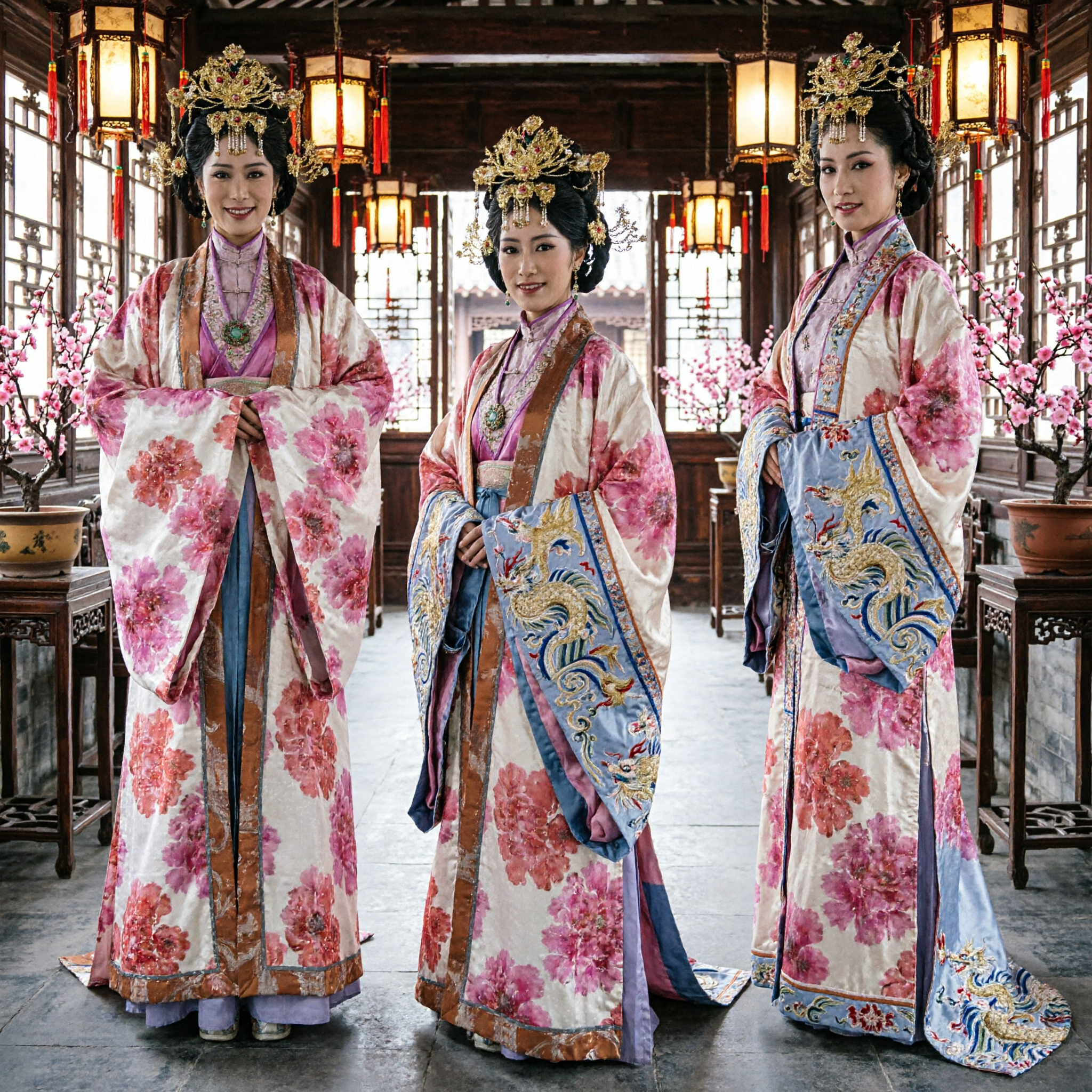 Tradycyjny Japoński Komplet Furisode Kimono z Różowym Kwiatowym Wzorem i Złotymi Akcesoriami do Włosów dla Kobiet - Asian Costume