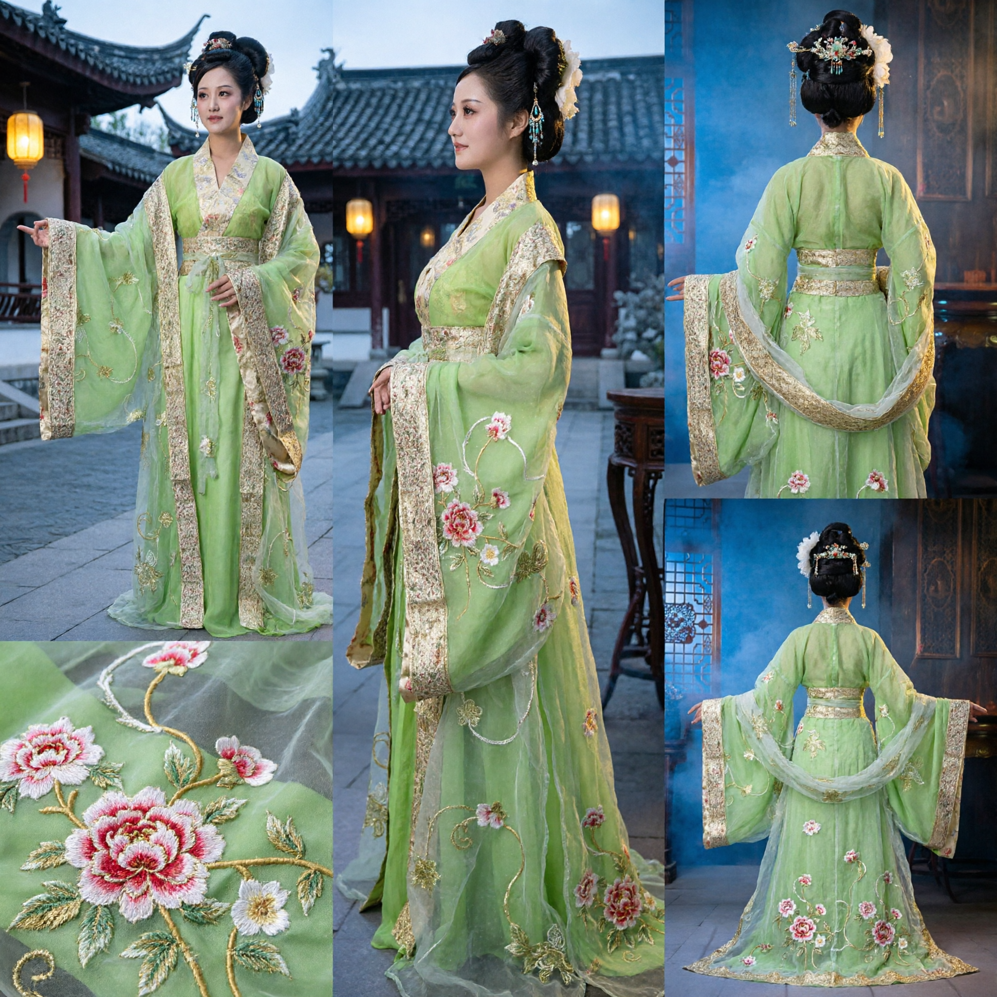 Traditional Chinese Green Hanfu Costume Ancient Palace Lady Embroidered Wide Sleeve Dress for Women Dance Performance - Asian Costume