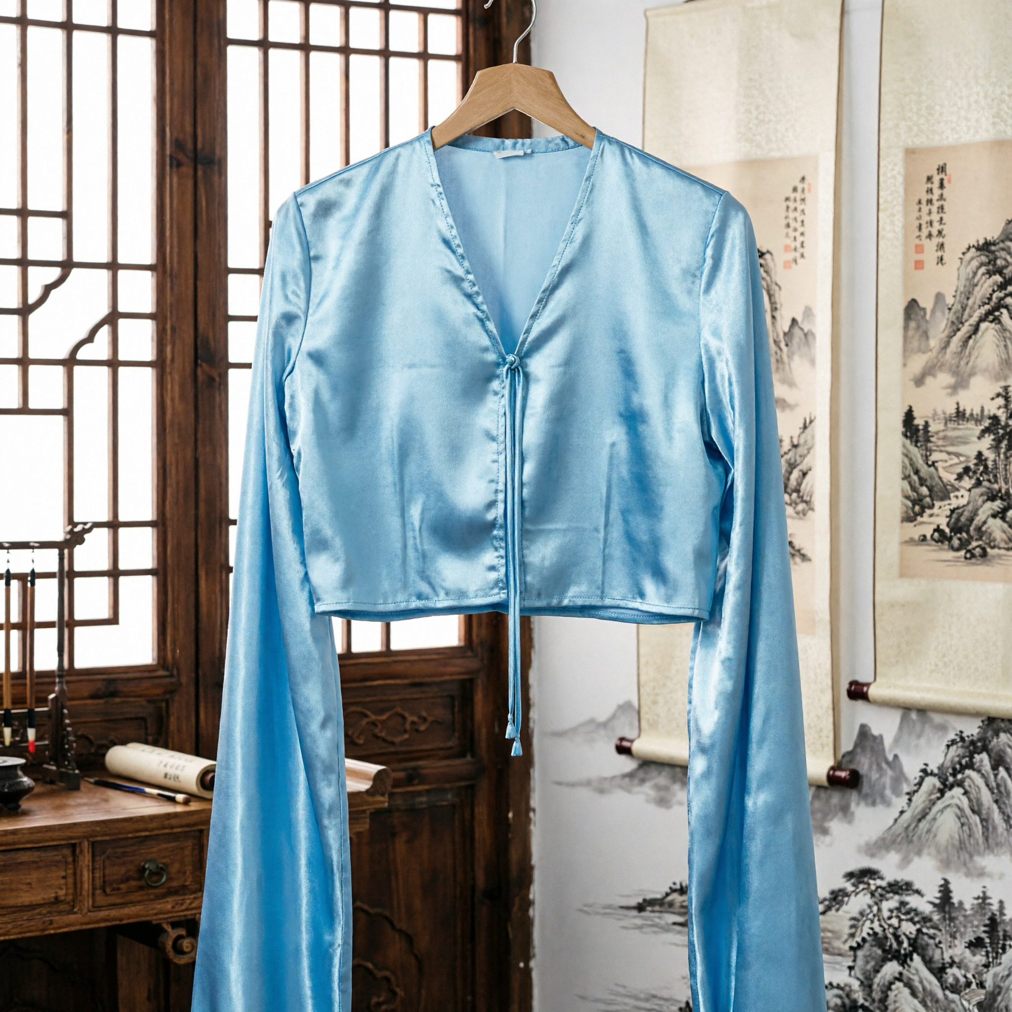 Light Blue Satin Hanfu Bolero Long Sleeve Shrug Traditional Chinese Costume Accessory for Women - Asian Costume