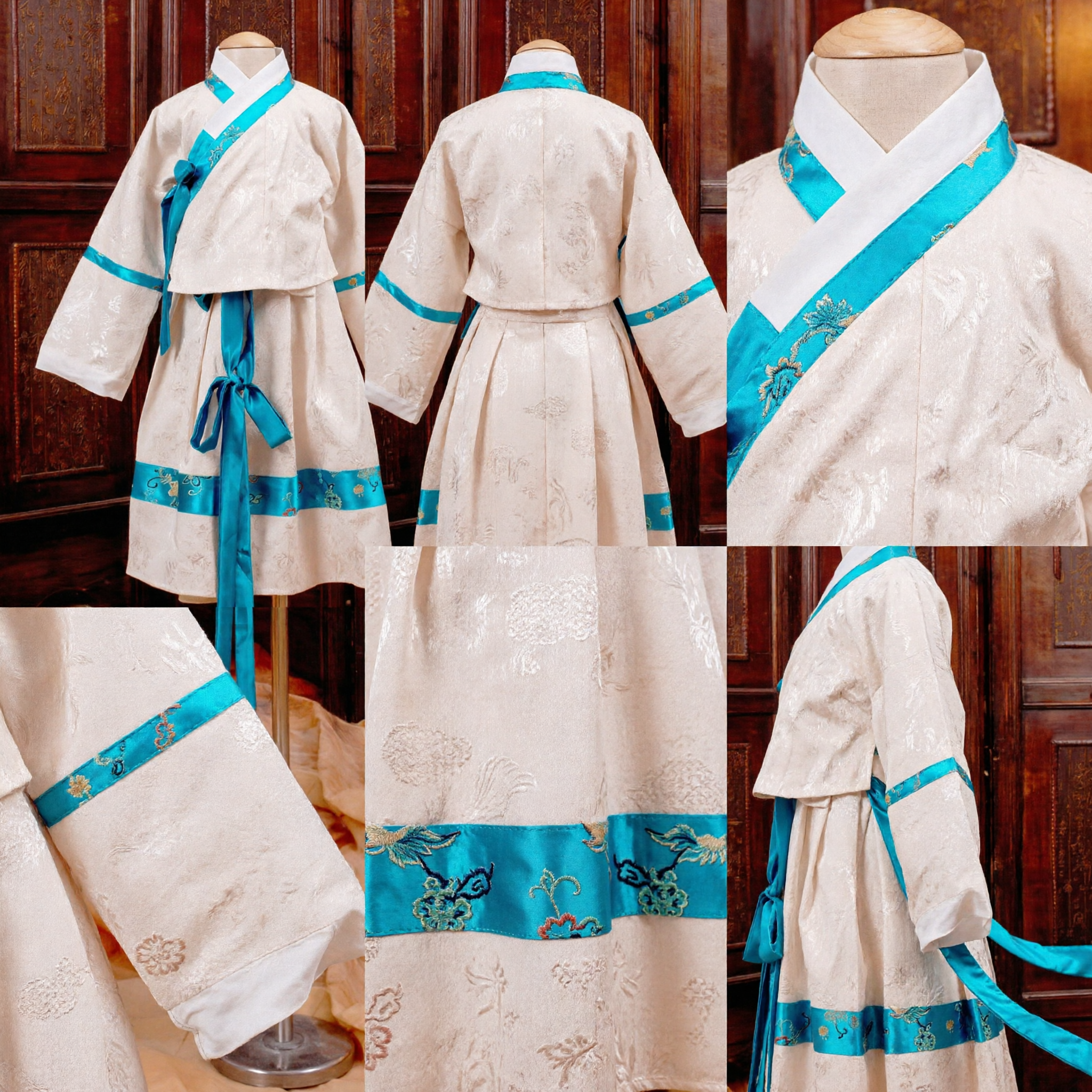 Costume Hanfu Tradizionale Cinese per Bambini, Abito in Crema e Blu a Collo Incrociato per Spettacoli Culturali - Asian Costume