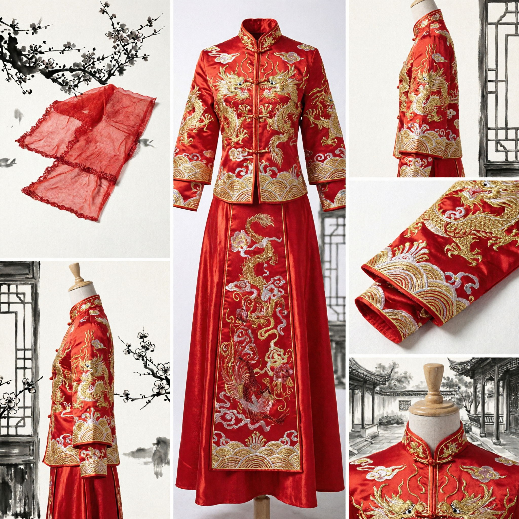 Abito da Sposa Tradizionale Cinese Rosso con Ricamo del Drago e della Fenice, Hanfu con Strascico Lungo per Sposa - Asian Costume
