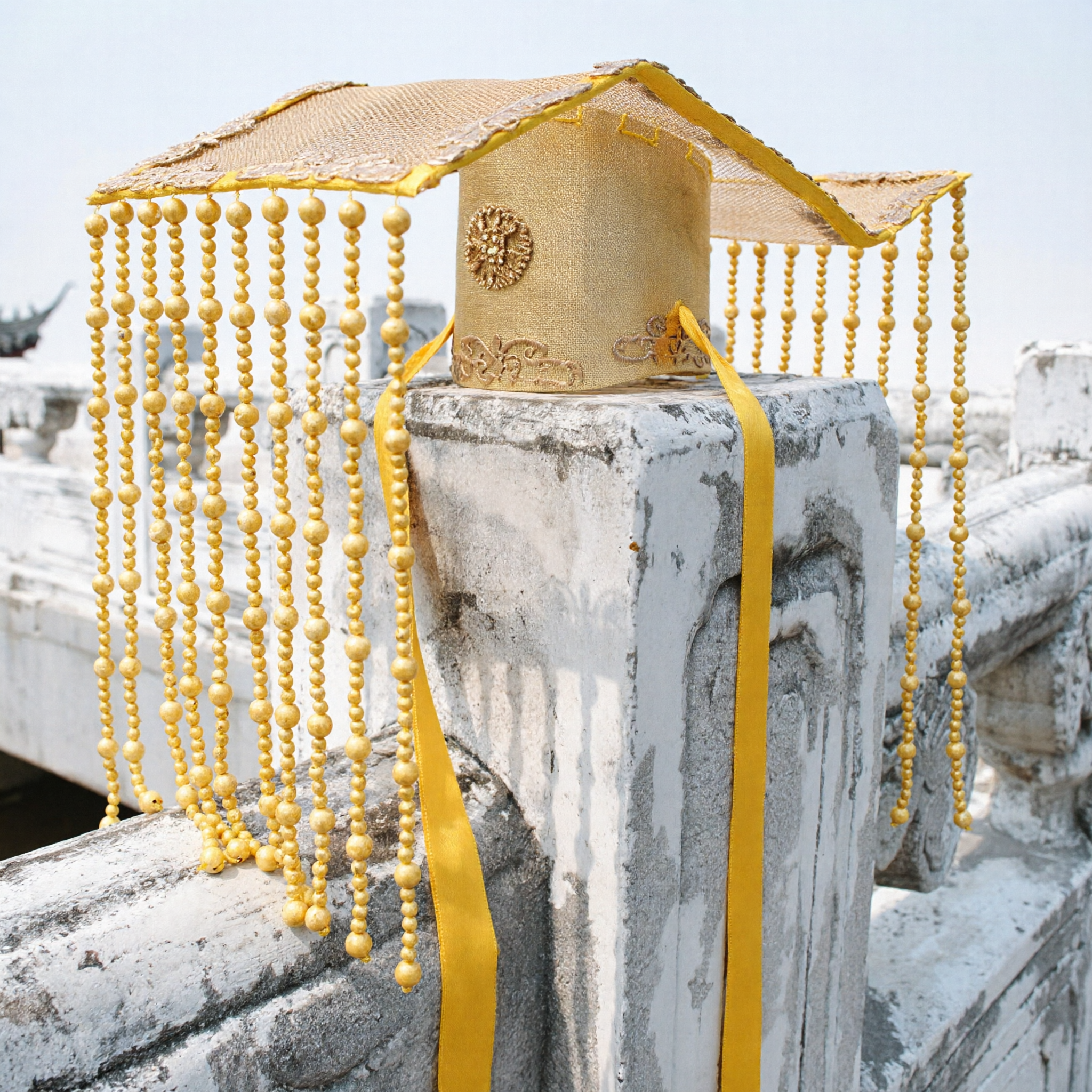 中国伝統皇帝冠 黄色いビーズ冕旒ヘッドピース 古代王様漢服コスプレ衣装 - Asian Costume