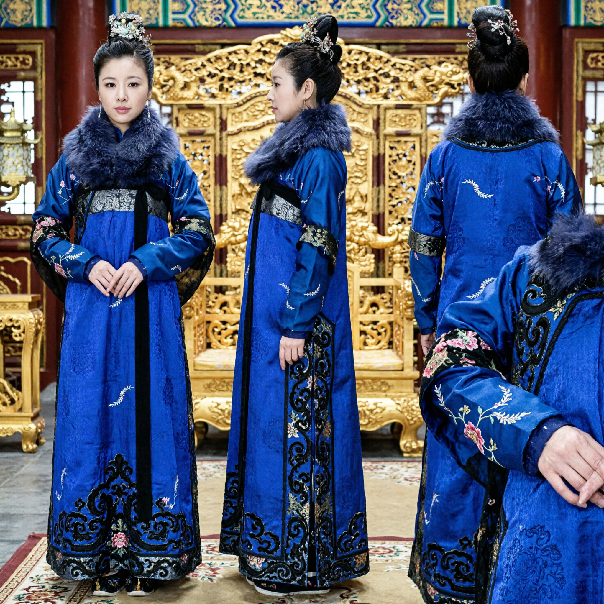 Königsblaues antikes chinesisches Palastkostüm mit Pelzkragen Traditionelles Hanfu-Kleid für Frauen Cosplay - Asian Costume