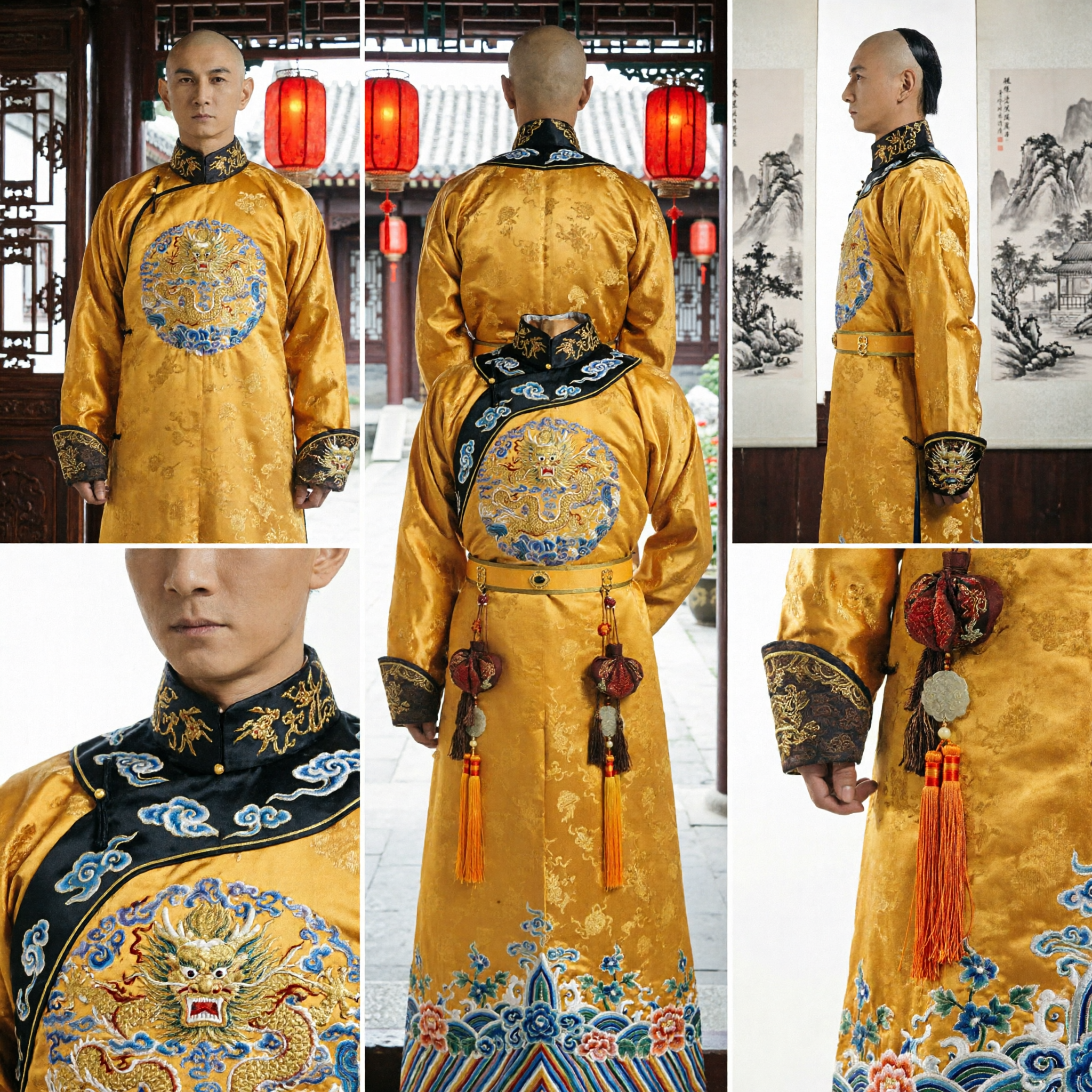 Veste Imperiale Gialla con Drago della Dinastia Qing per Uomini, Costume dell'Imperatore Tradizionale Cinese per Cosplay e Rievocazioni Storiche - Asian Costume