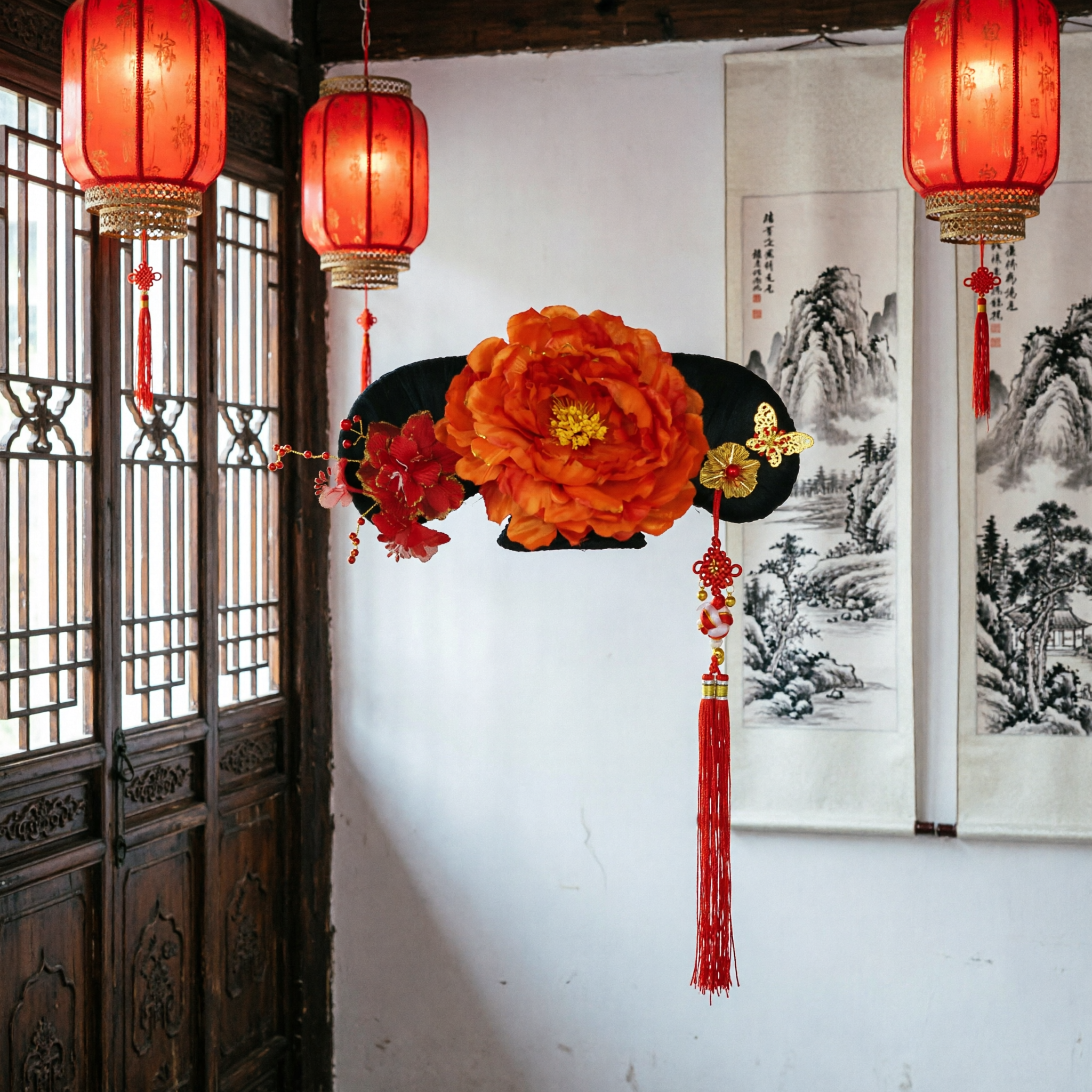 غطاء رأس مانشوي من عهد تشينغ الصيني التقليدي مع زهرة الفاوانيا البرتقالية وشرابة فراشة للنساء لزي الهانفو - Asian Costume