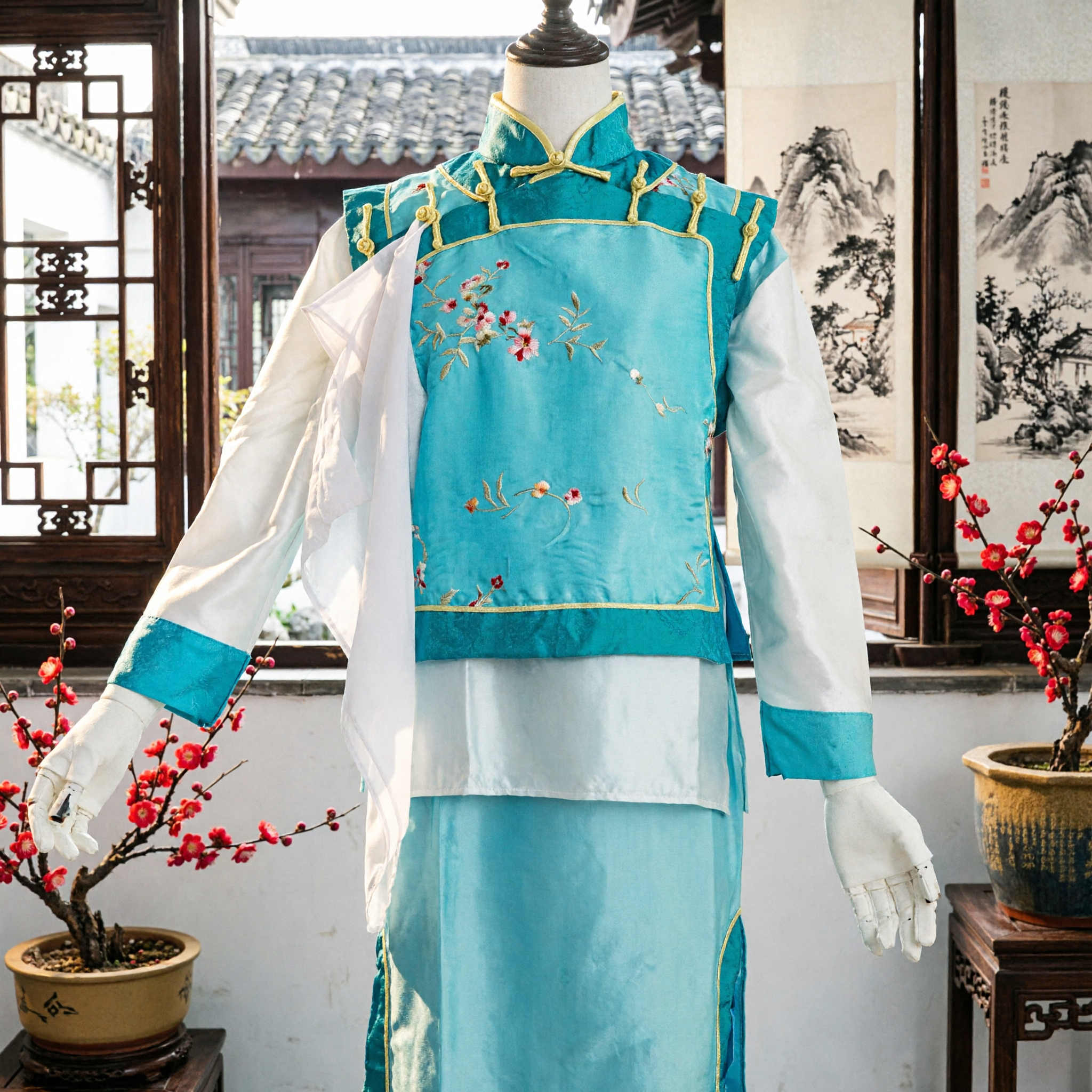 전통 중국 고대 선비 의상 파란색 자수 조끼와 예복 세트 남성 코스프레 공연용 - Asian Costume