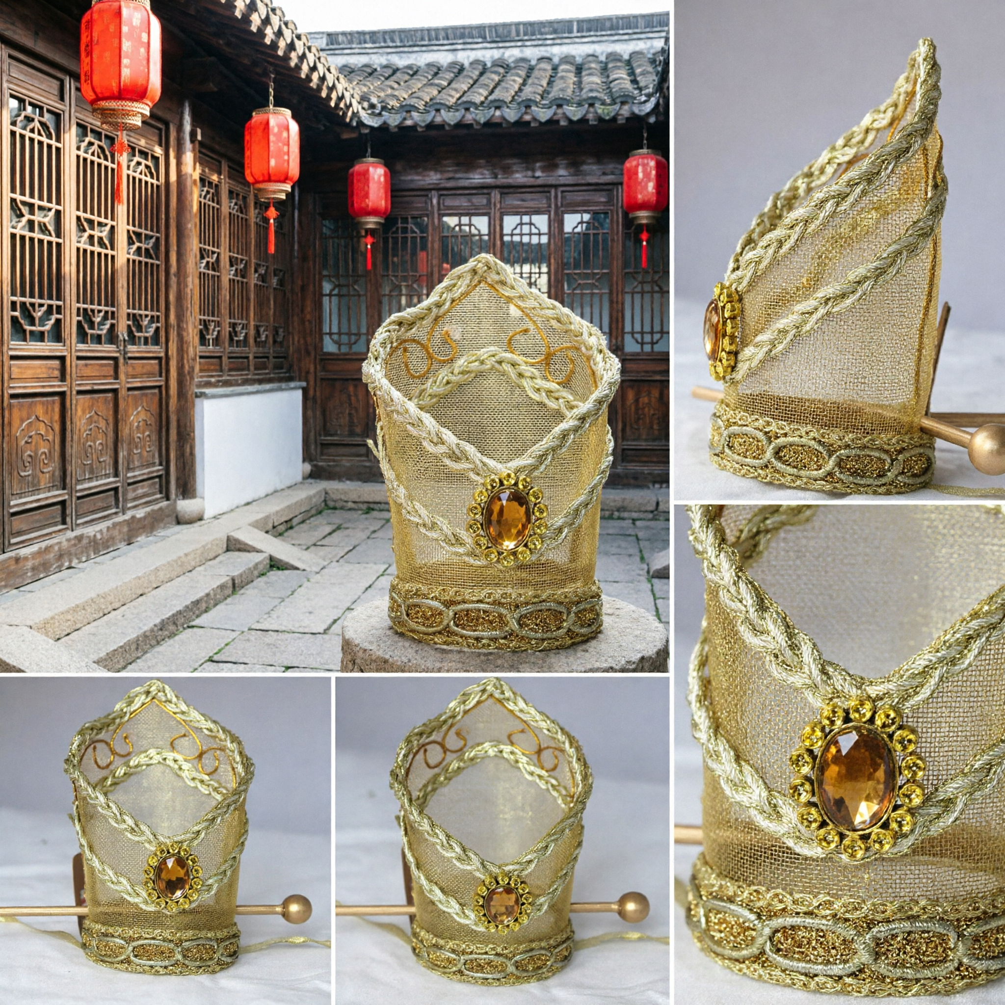 Tradycyjna chińska złota korona cesarska z szpilką do włosów dla mężczyzn, akcesoria do cosplayu kostiumu Hanfu - Asian Costume