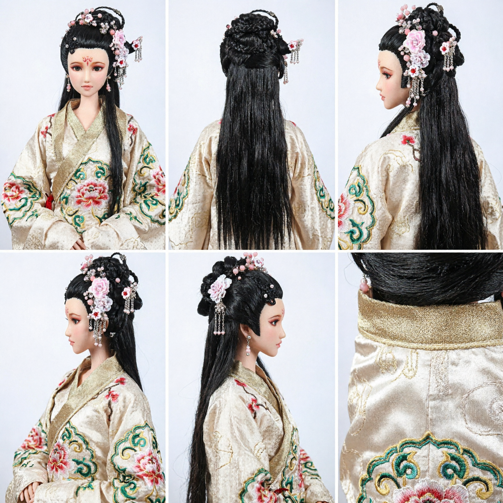 伝統的中国古代風ドールウィッグ（花柄ヘアジュエリー付き） BJDとバービー用 - Asian Costume