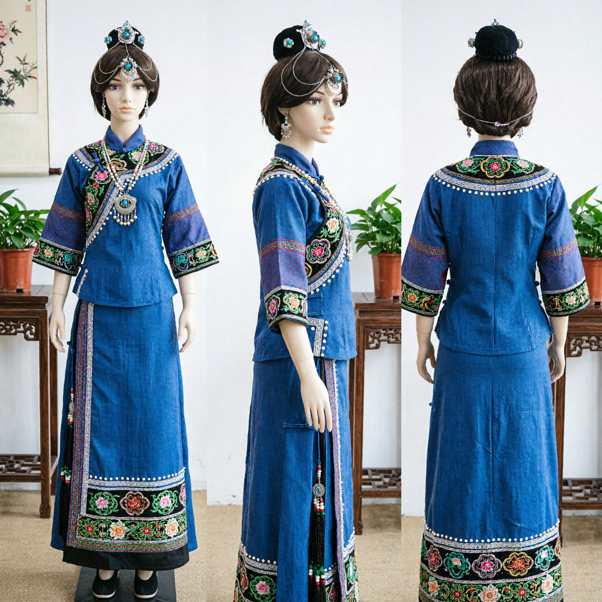 Starożytny Chiński Komplet Akcesoriów do Włosów Hanfu Nakrycie Głowy w Stylu Dynastii Qing z Niebieskimi Kamieniami i Łańcuszkami do Cosplayu - Asian Costume