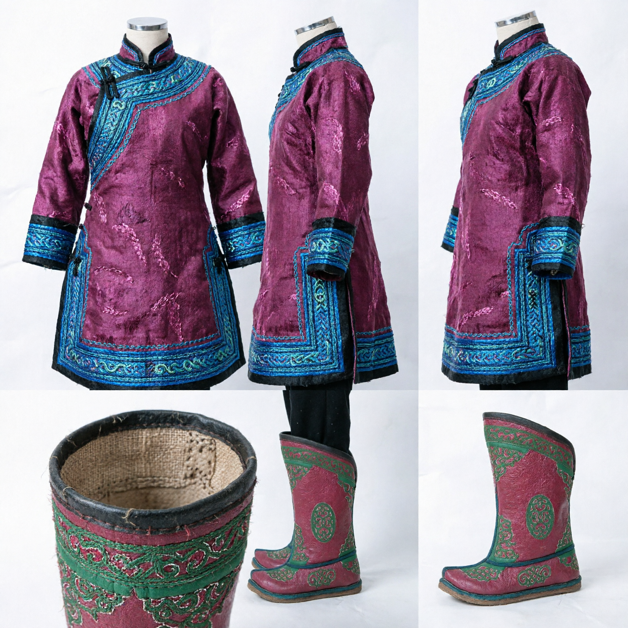 Bottes en cuir mongoles traditionnelles avec broderie verte pour costume de danse ethnique folklorique et performance culturelle - Asian Costume