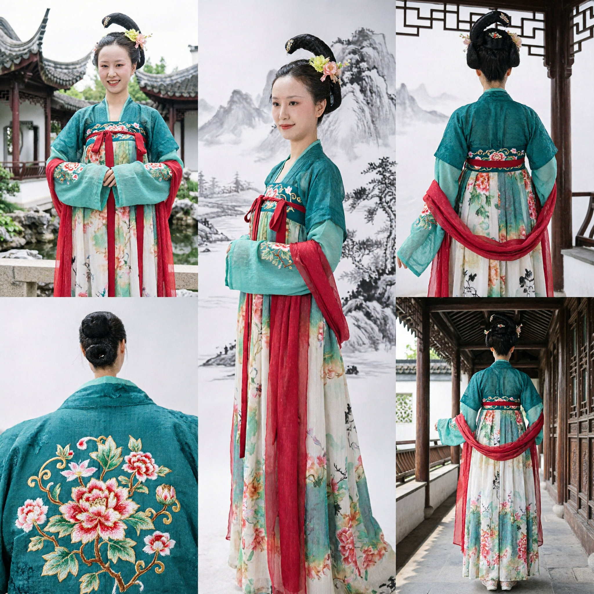Traditionelles Chinesisches Hanfu Tang-Dynastie Ruqun-Kleid Grünes Oberteil Blumenrock für Frauen Cosplay Festival - Asian Costume