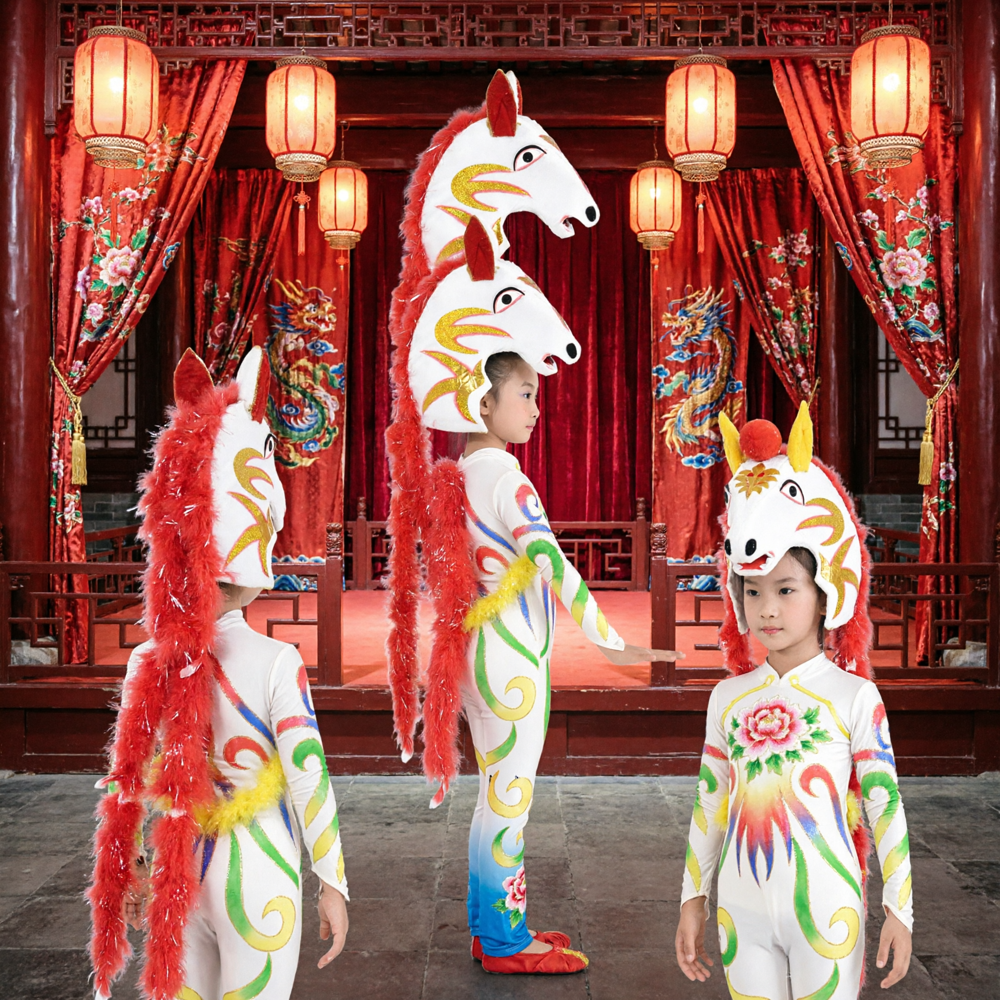Children's Traditional Chinese Horse Dance Costume White Bodysuit with Red Mane Headpiece for Stage Performance - Asian Costume