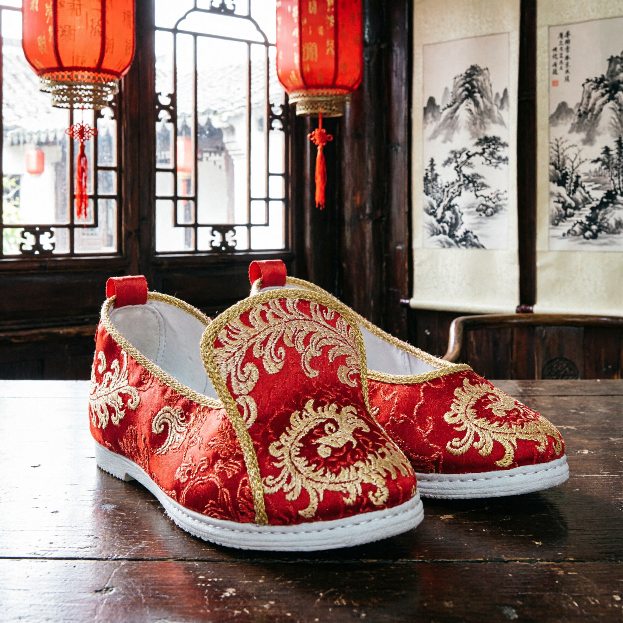 Scarpe in Broccato Rosso Cinese Tradizionale con Ricamo Dorato Calzatura Hanfu Antica per Matrimoni e Spettacoli - Asian Costume