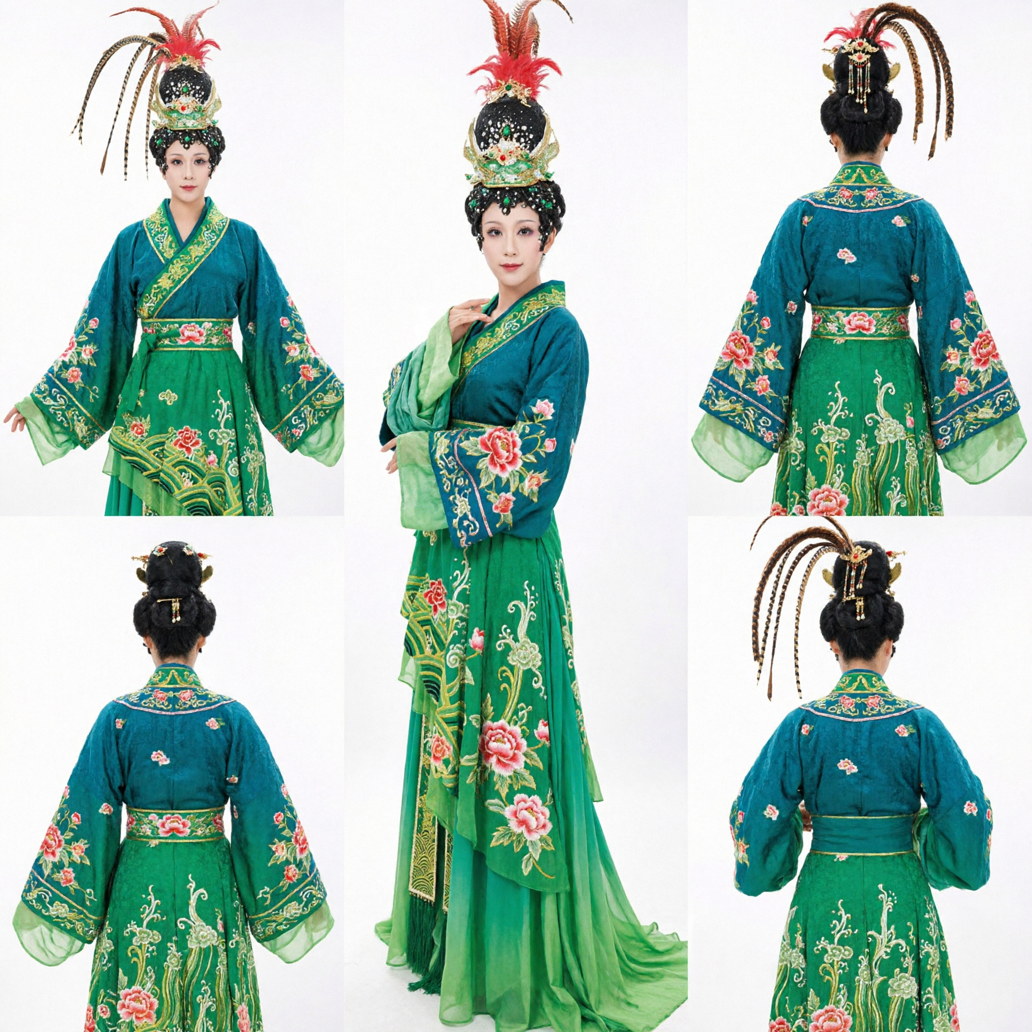 Chiński Tradycyjny Strój Opery Pekińskiej Zielona Hafciana Szata z Headdress z Piórami dla Kobiet na Występy Sceniczne - Asian Costume