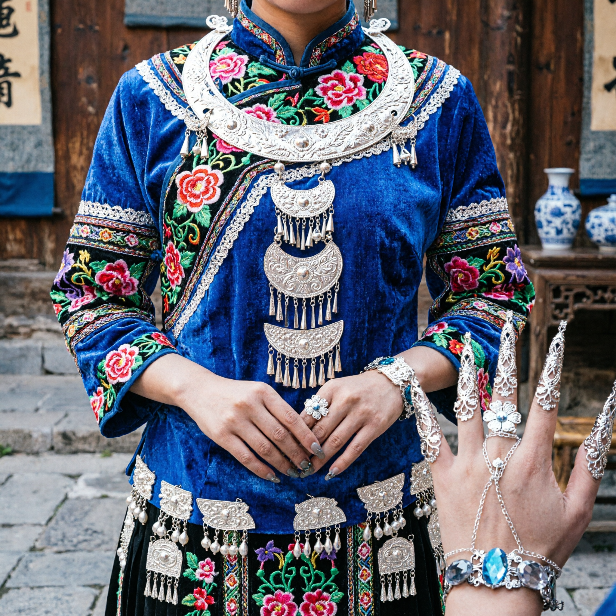 古代中国漢服爪保護具ジュエリーセット 銀線細工指鎧 クリスタルブレスレット付き 女性用コスプレ - Asian Costume