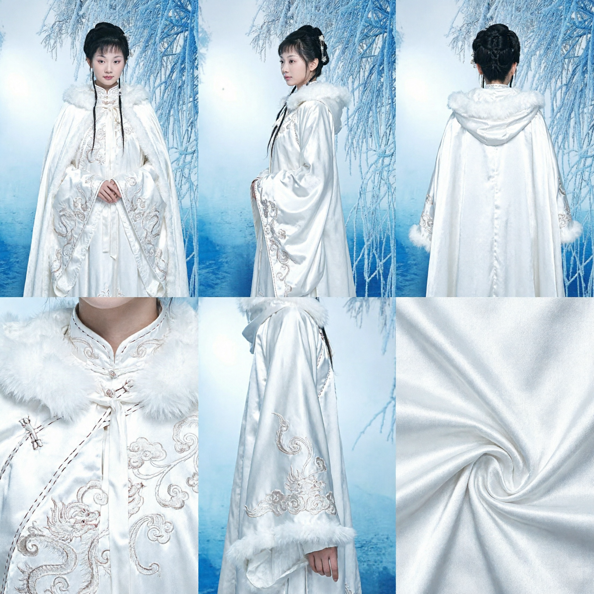 Traje Hanfu Chino Antiguo con Cuello de Piel Blanco para Mujer Vestido para Fotografía de Invierno y Cosplay - Asian Costume
