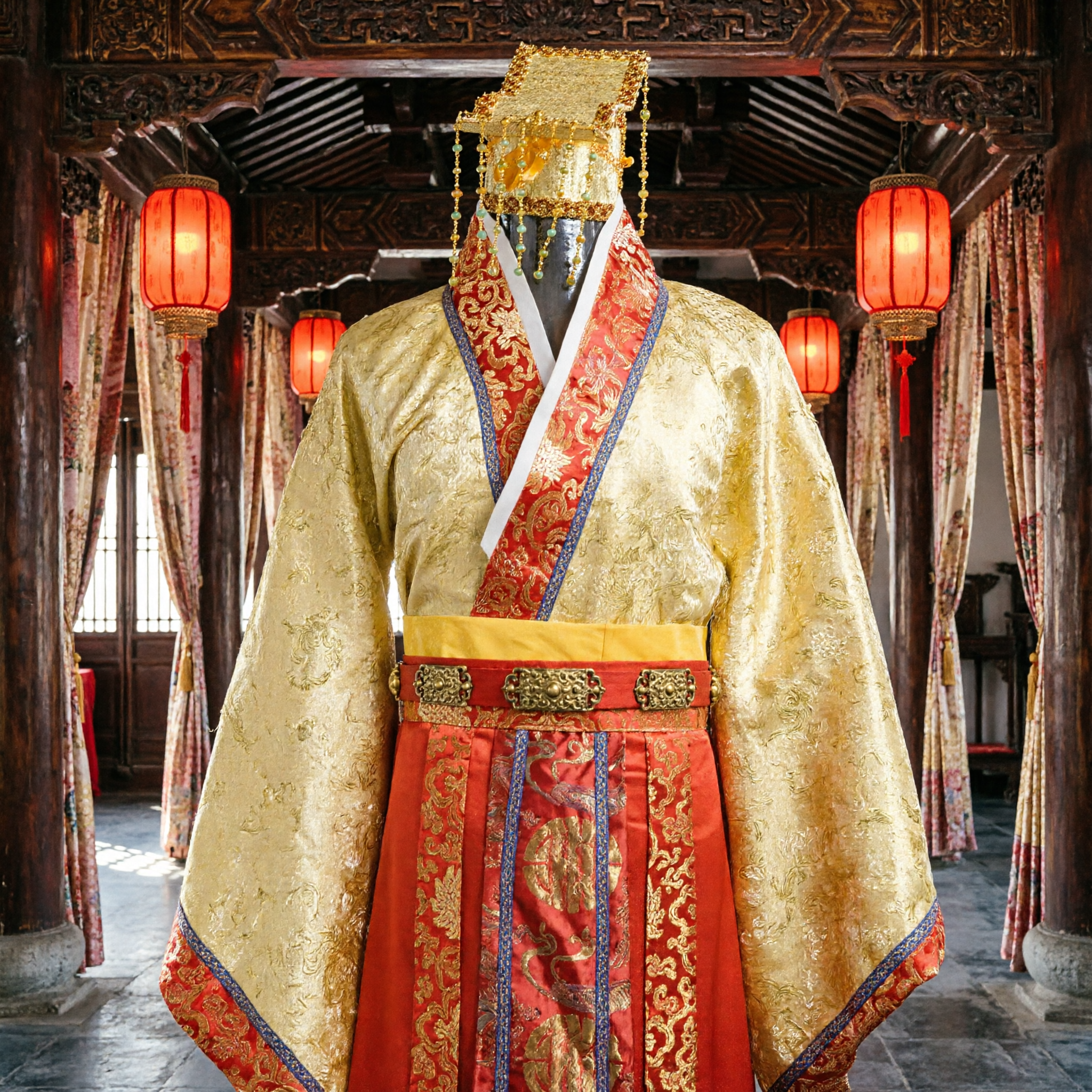 Traje Tradicional Chinês de Imperador Hanfu Robe Imperial Antigo Traje de Seda Dourado e Vermelho para Homens Performance - Asian Costume