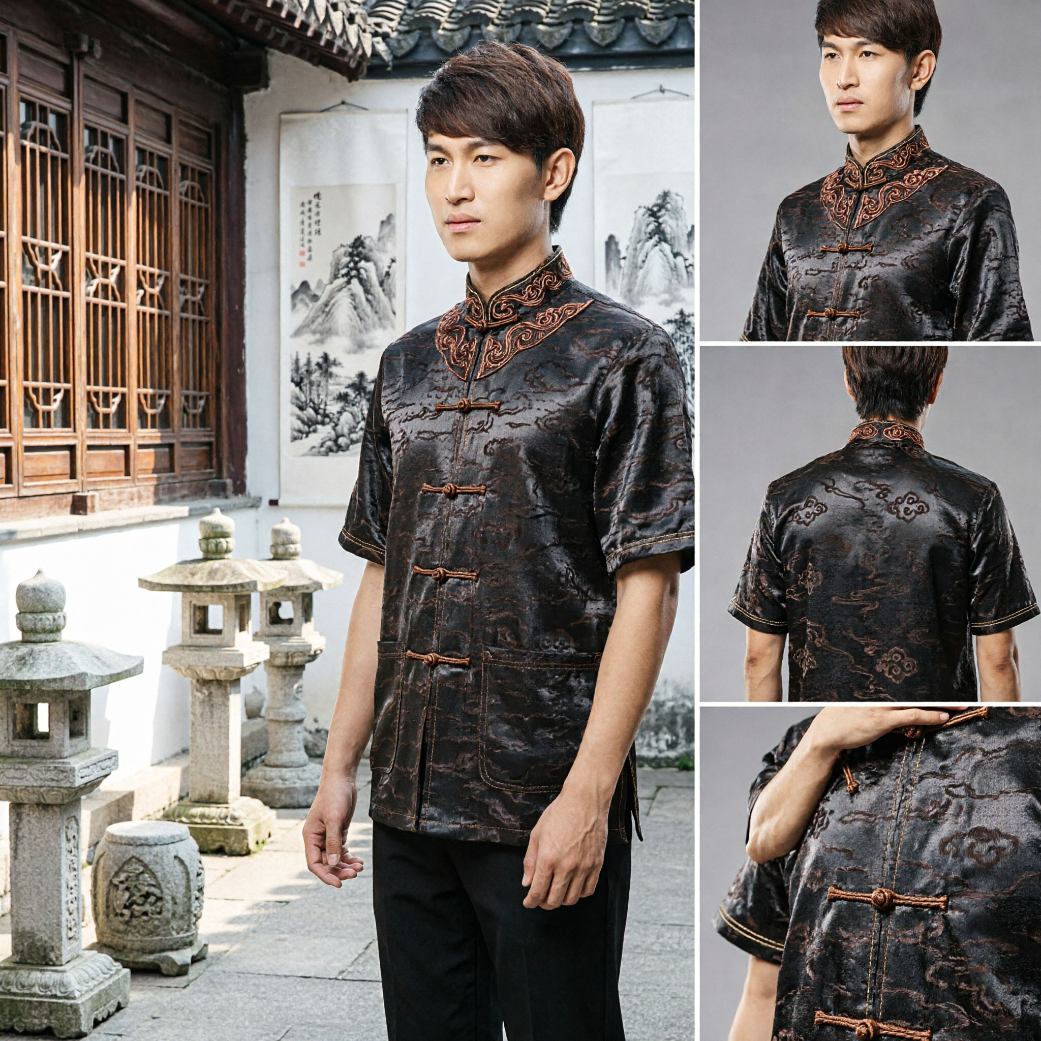 Camisa de Manga Curta Tradicional Chinesa Tang Suit Gola Mandarim Casual Top para Kung Fu em Jacquard - Asian Costume