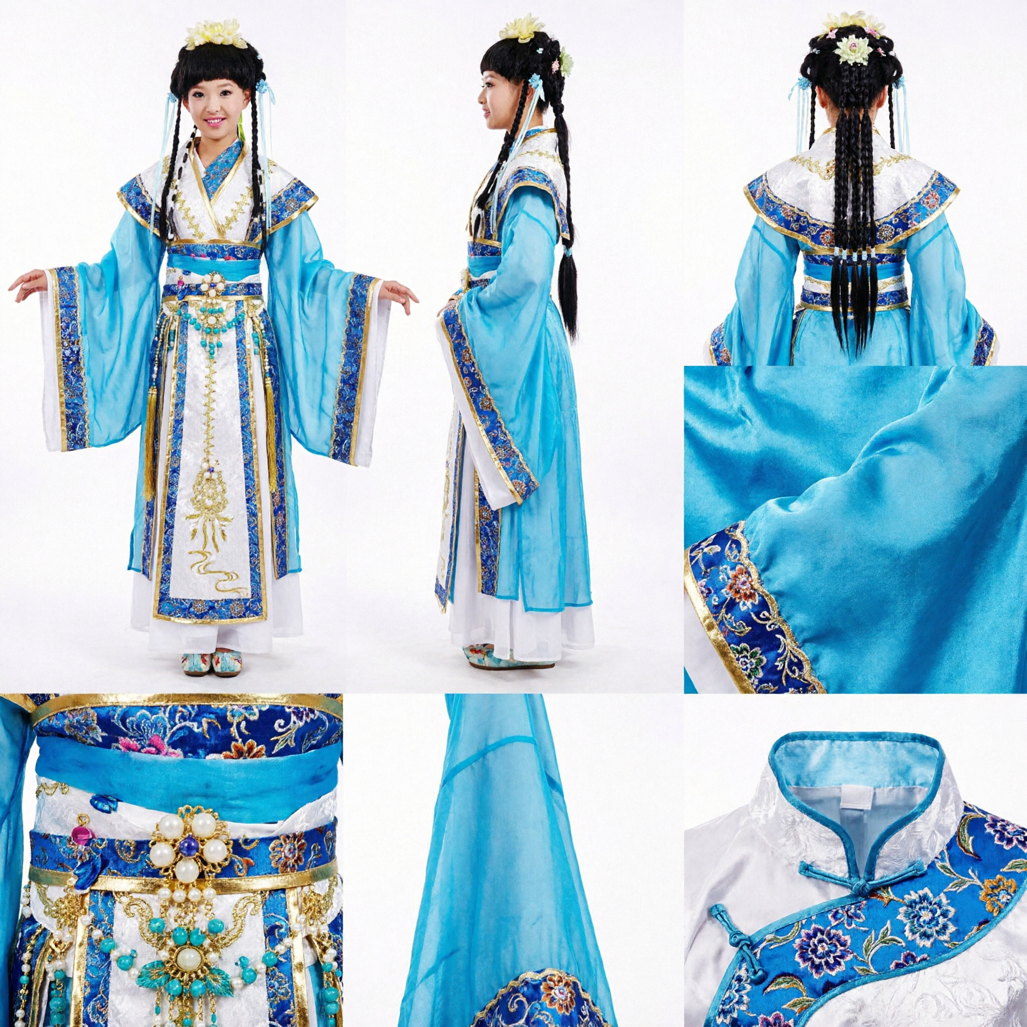 어린이 여아용 고대 중국 선녀 의상 파란색 한푸 전통 드레스 무대 공연 복장 - Asian Costume