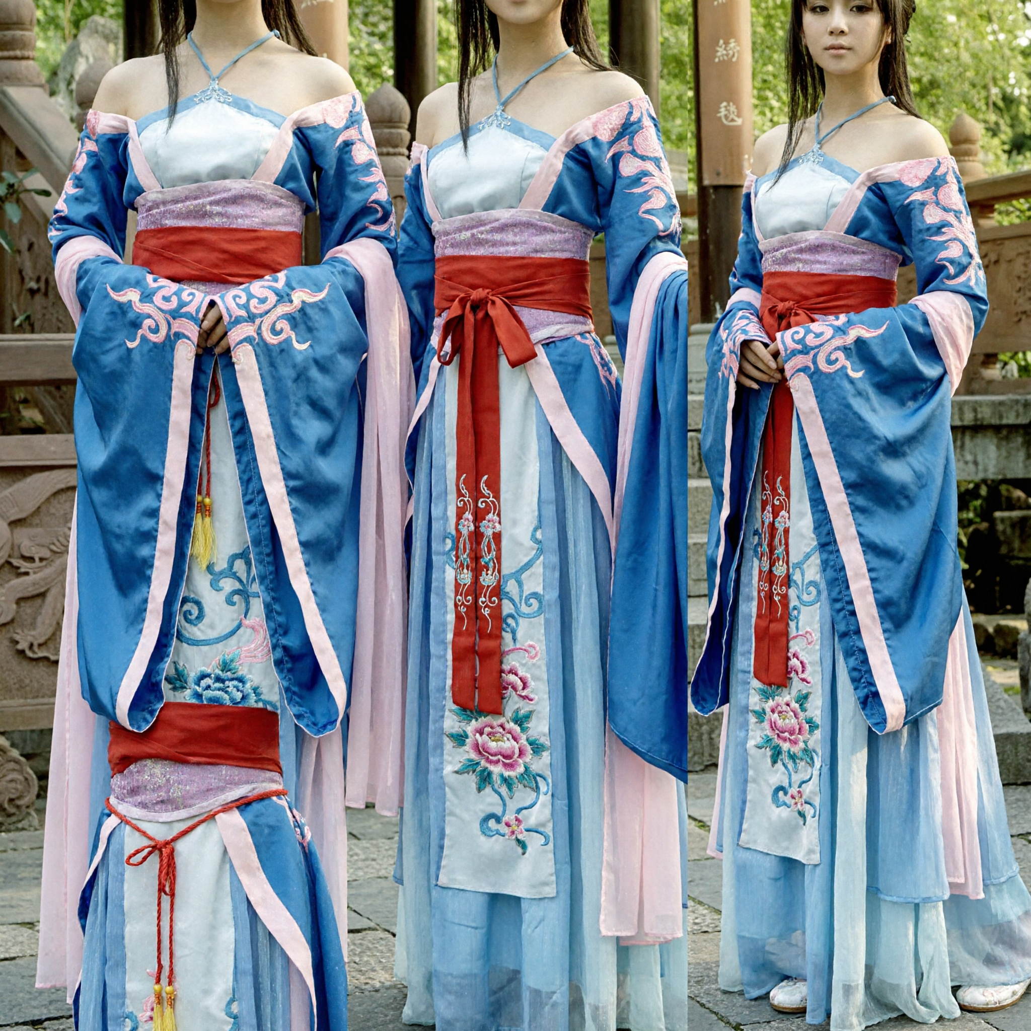 Costume Hanfu Chinois Élégant Bleu et Rose Robe Ancienne de Fée pour Femmes pour Cosplay et Photographie - Asian Costume