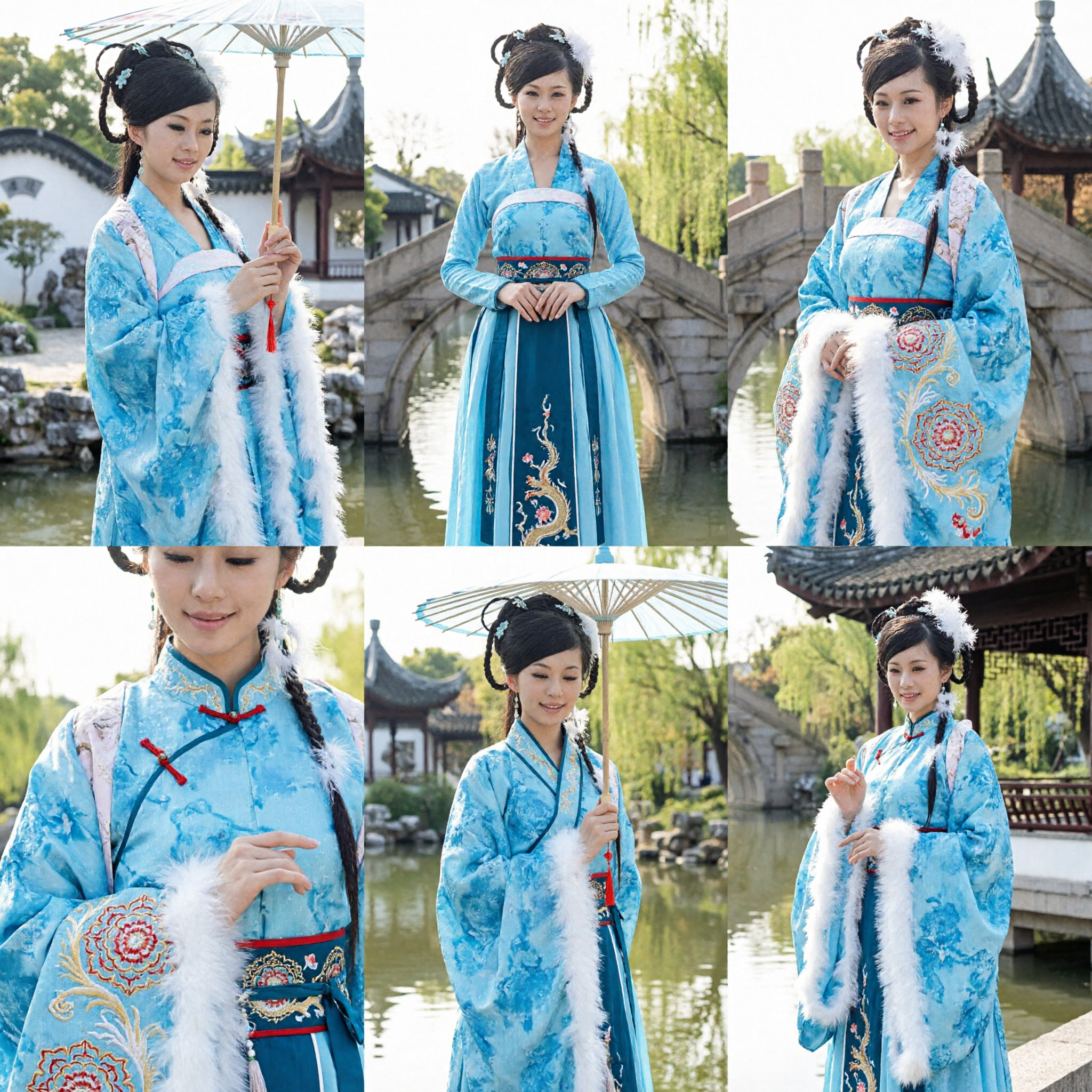 Robe Hanfu Chinoise Élégante Bleue avec Bordure en Fourrure Blanche Costume Ancien Traditionnel pour Femmes Cosplay d'Hiver - Asian Costume