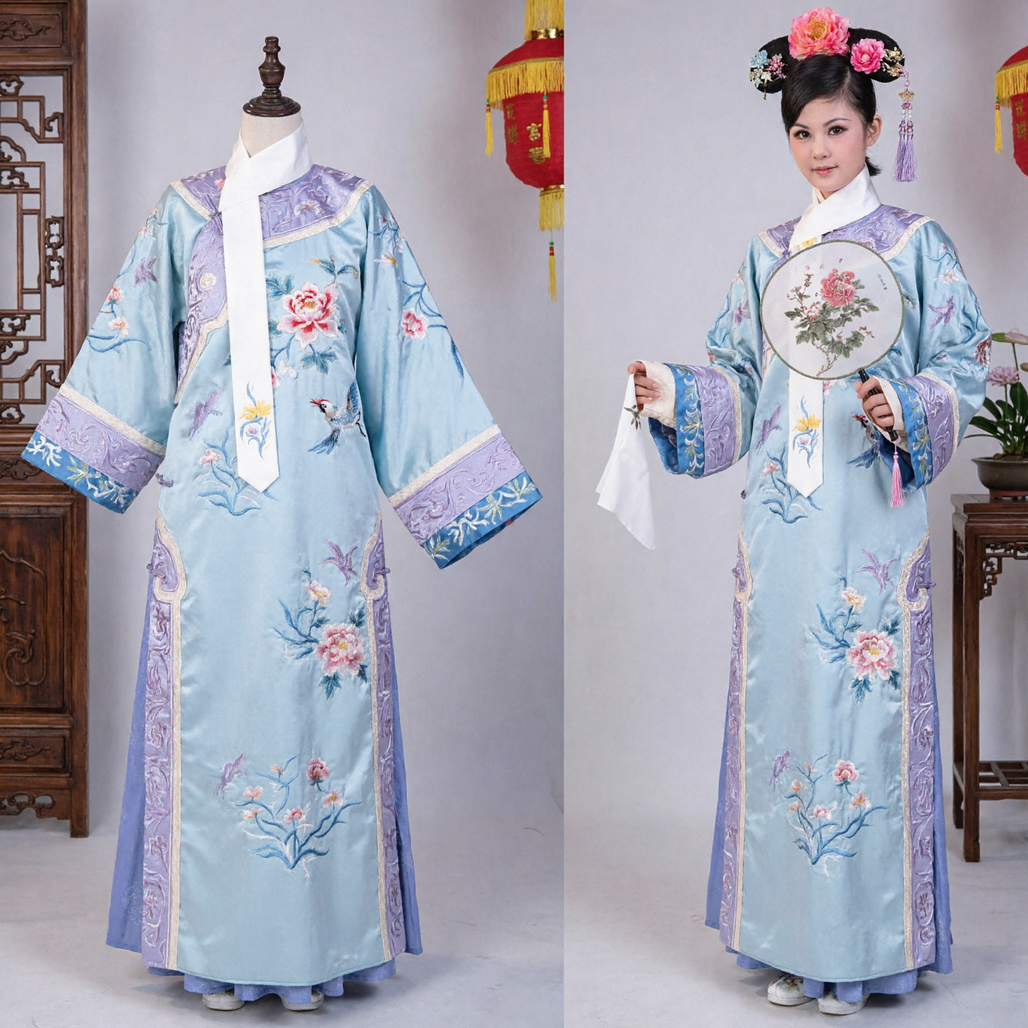 Costume Traditionnel Chinois de Dame du Palais Dynastie Qing Robe Bleue Brodée avec Coiffe pour Spectacle sur Scène - Asian Costume