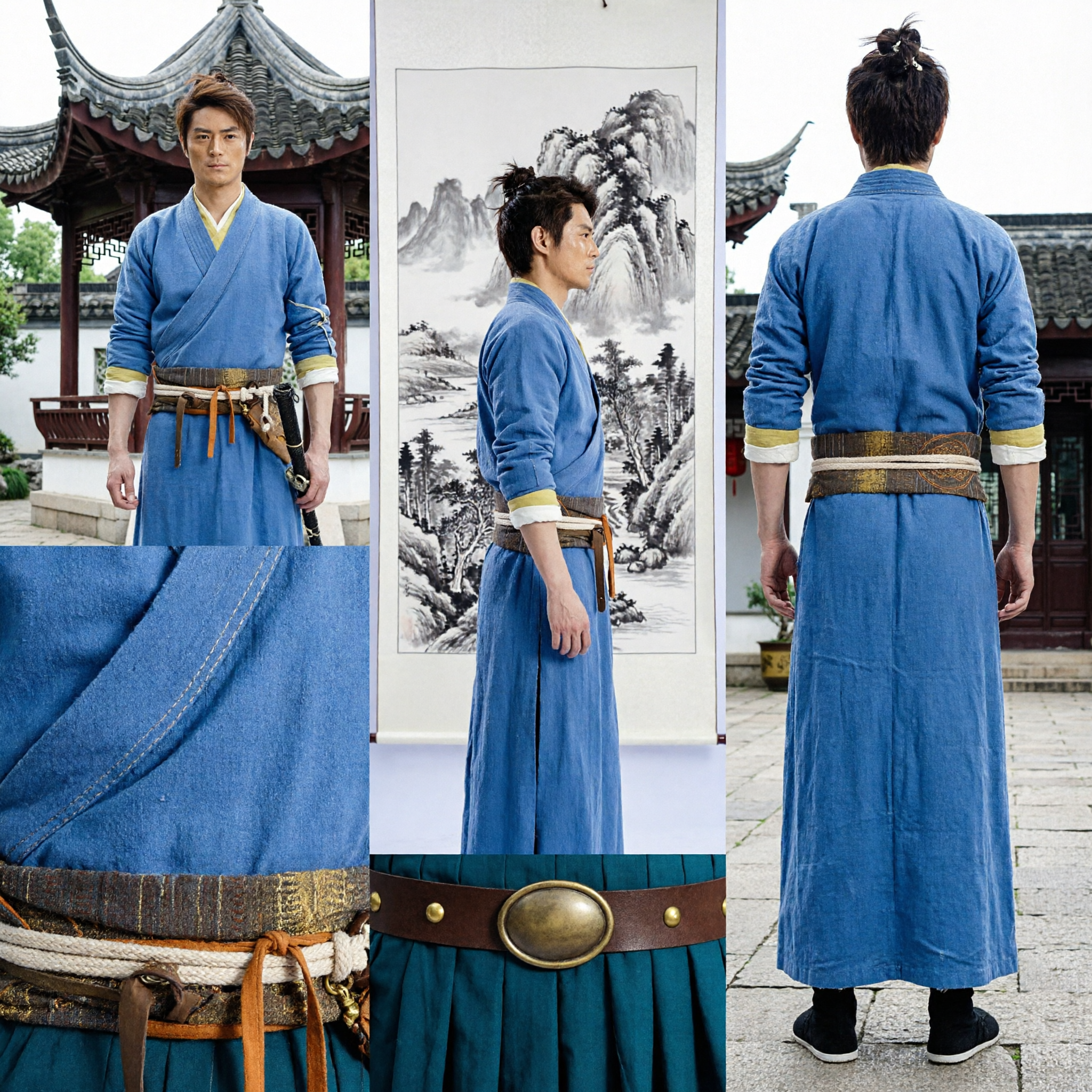 Traje Hanfu de Espadachim Wuxia Chinês Antigo para Homens Manto de Artes Marciais Azul para Cosplay e Performance no Palco - Asian Costume