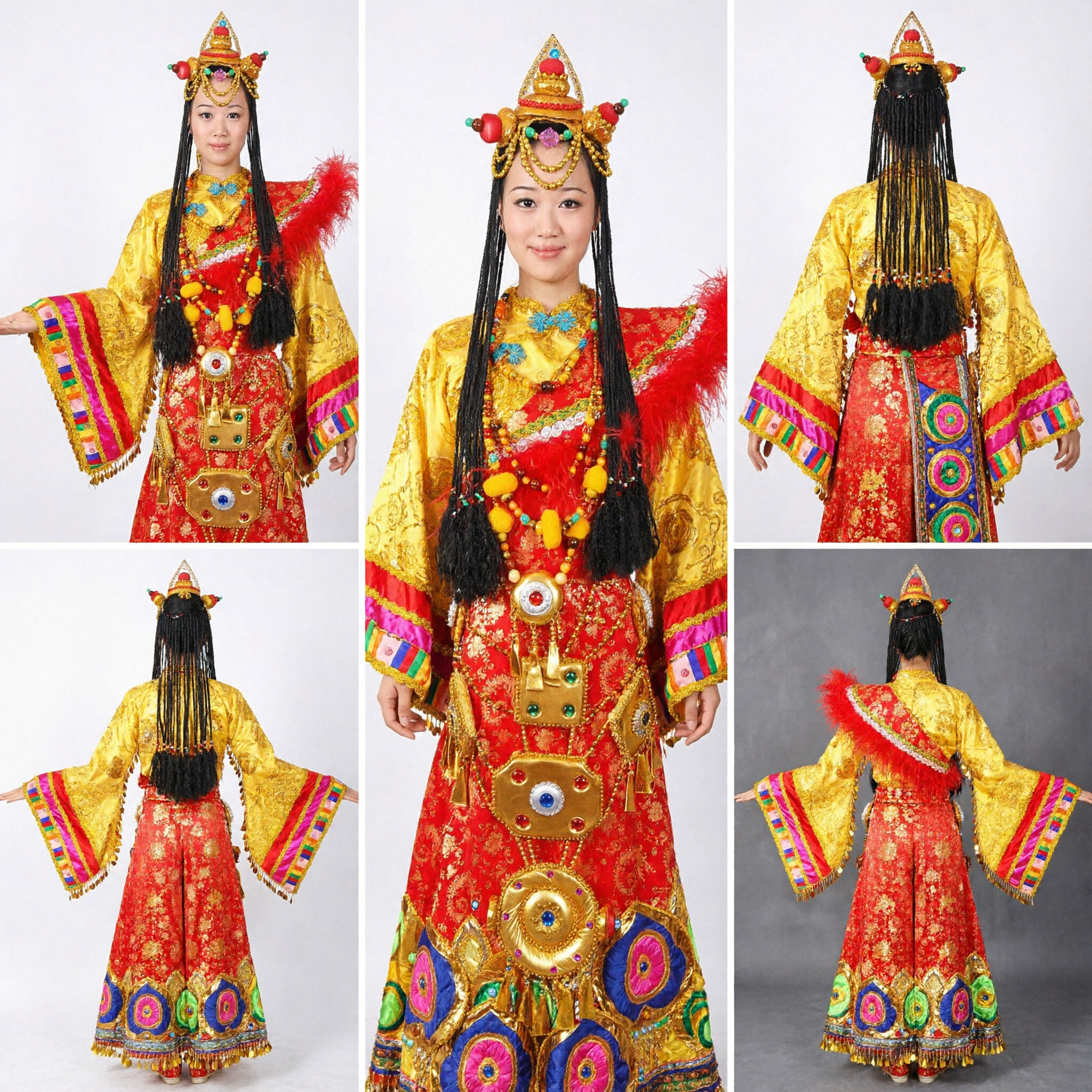Costume Traditionnel Tibétain de Danse Folklorique Ethnique pour Femmes Ensemble Complet avec Coiffe et Bijoux pour Spectacle sur Scène - Asian Costume