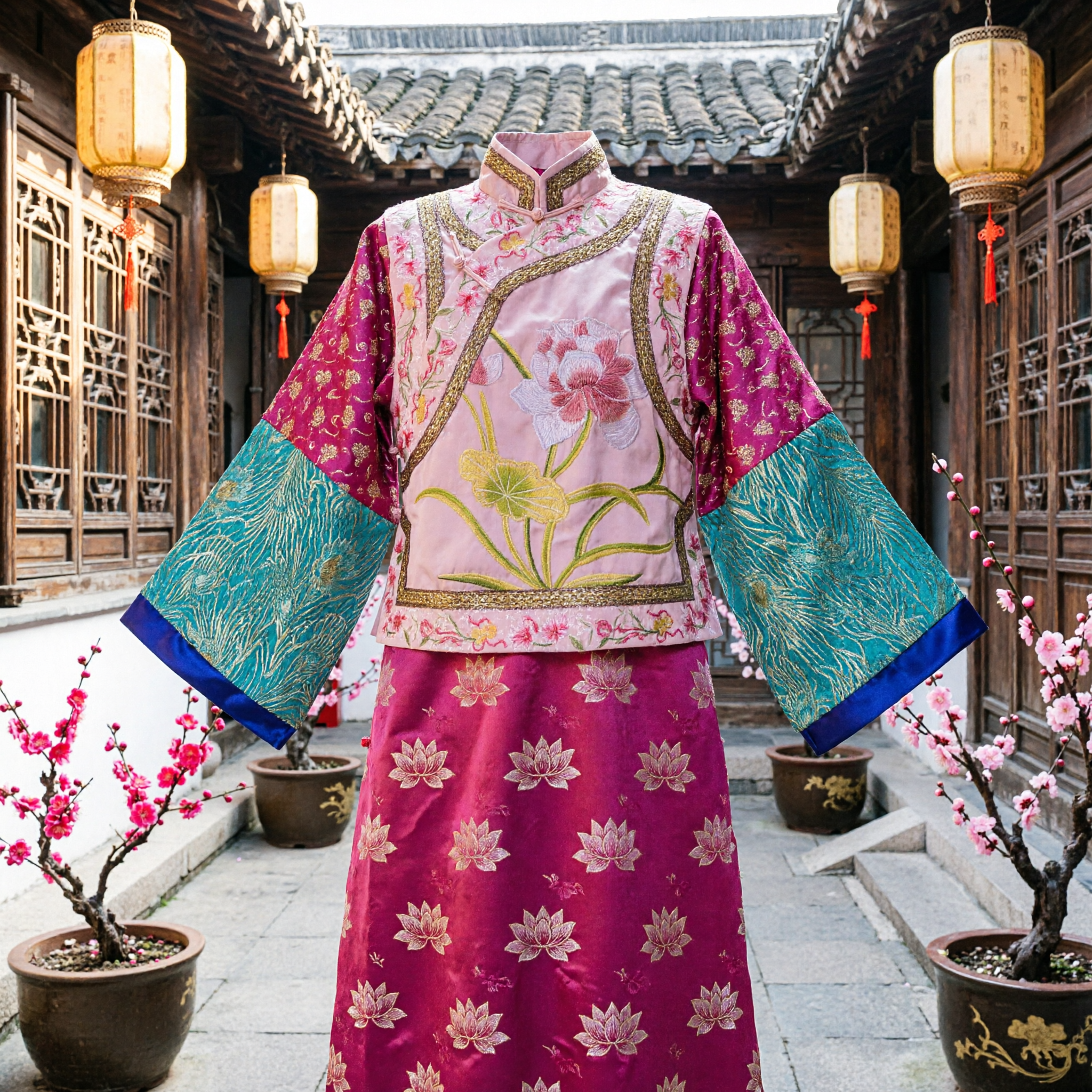 Traje de la Dinastía Qing Tradicional Chino Conjunto de Blusa de Manga Ancha y Falda Rosa con Bordado Floral para Mujer para Danza - Asian Costume