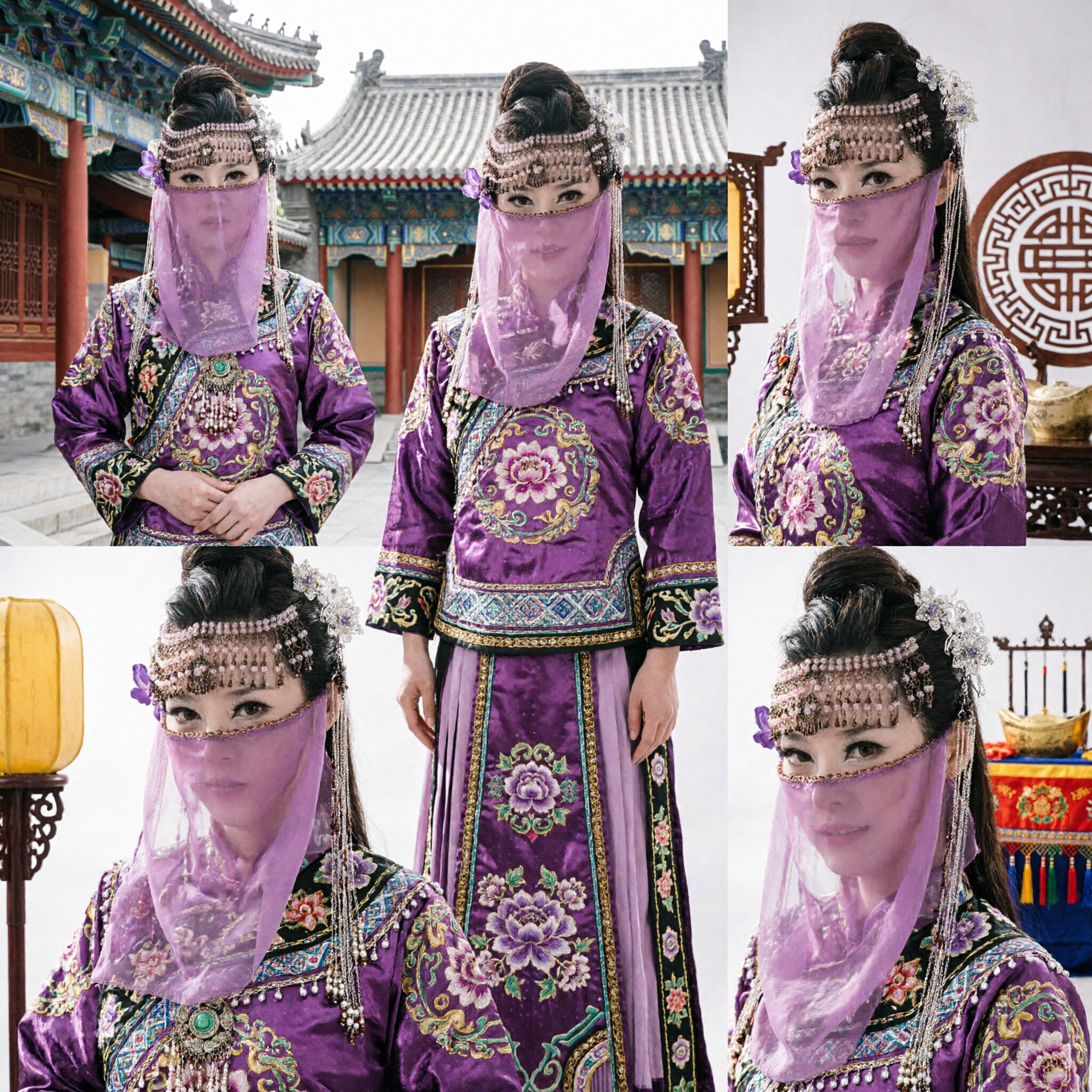 Elegantes antikes chinesisches Prinzessinnen-Haarschmuck-Set mit lila Tüllschleier und Perlenkopfkette für Cosplay - Asian Costume