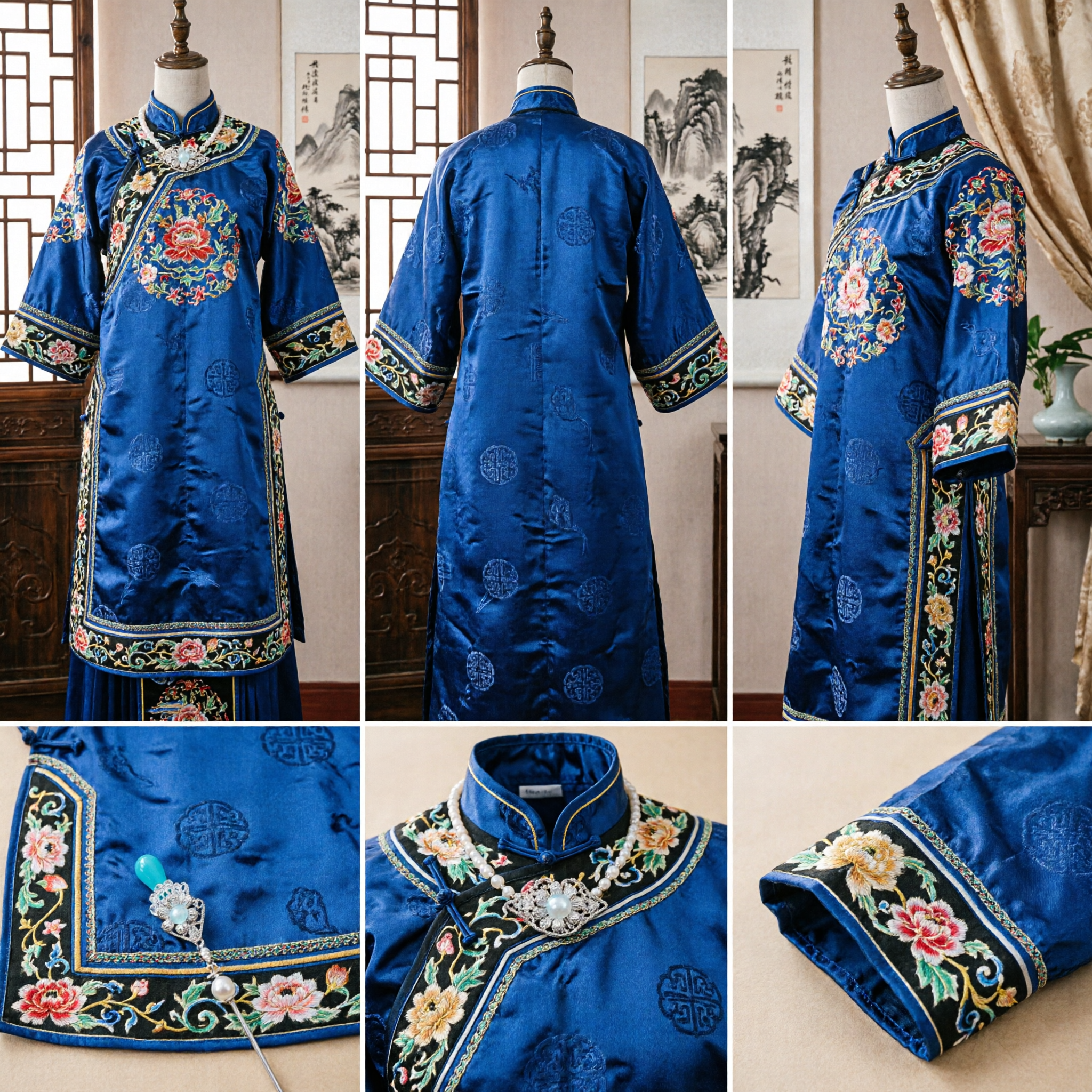 古代風 中国かんざし 銀線細工花ヘアスティック 青い宝石付き 漢服ウェディングギフト - Asian Costume