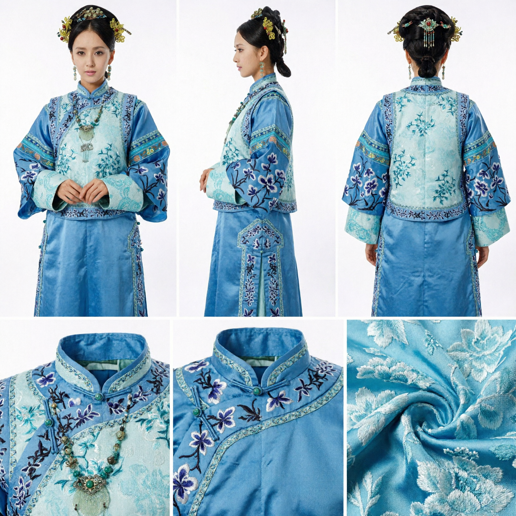 中国伝統 清朝 青い花柄刺繍 旗袍ローブ衣装 女性用 舞台パフォーマンス - Asian Costume