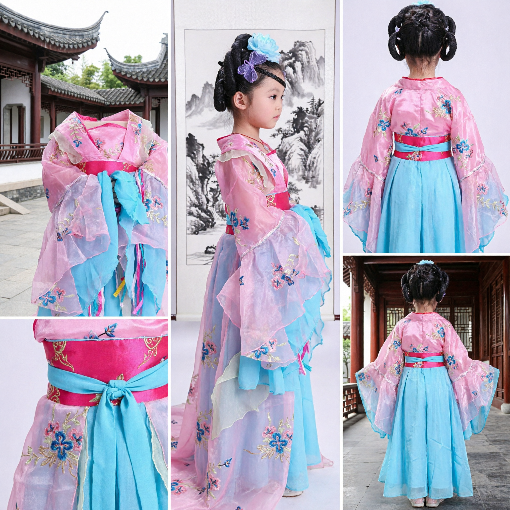 Geborduurd Traditioneel Chinees Tang-dynastie Hanfu Kostuum voor Meisjes Kinderen Antiek Paleis Dansoptreden Jurk - Asian Costume